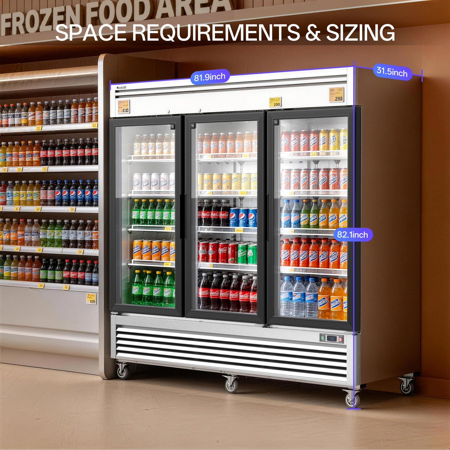 Coolski 82 in. 78.2 cu. ft. Auto / Cycle Defrost 3-Glass Door Commercial Reach In Display Upright Freezer in Stainless Steel