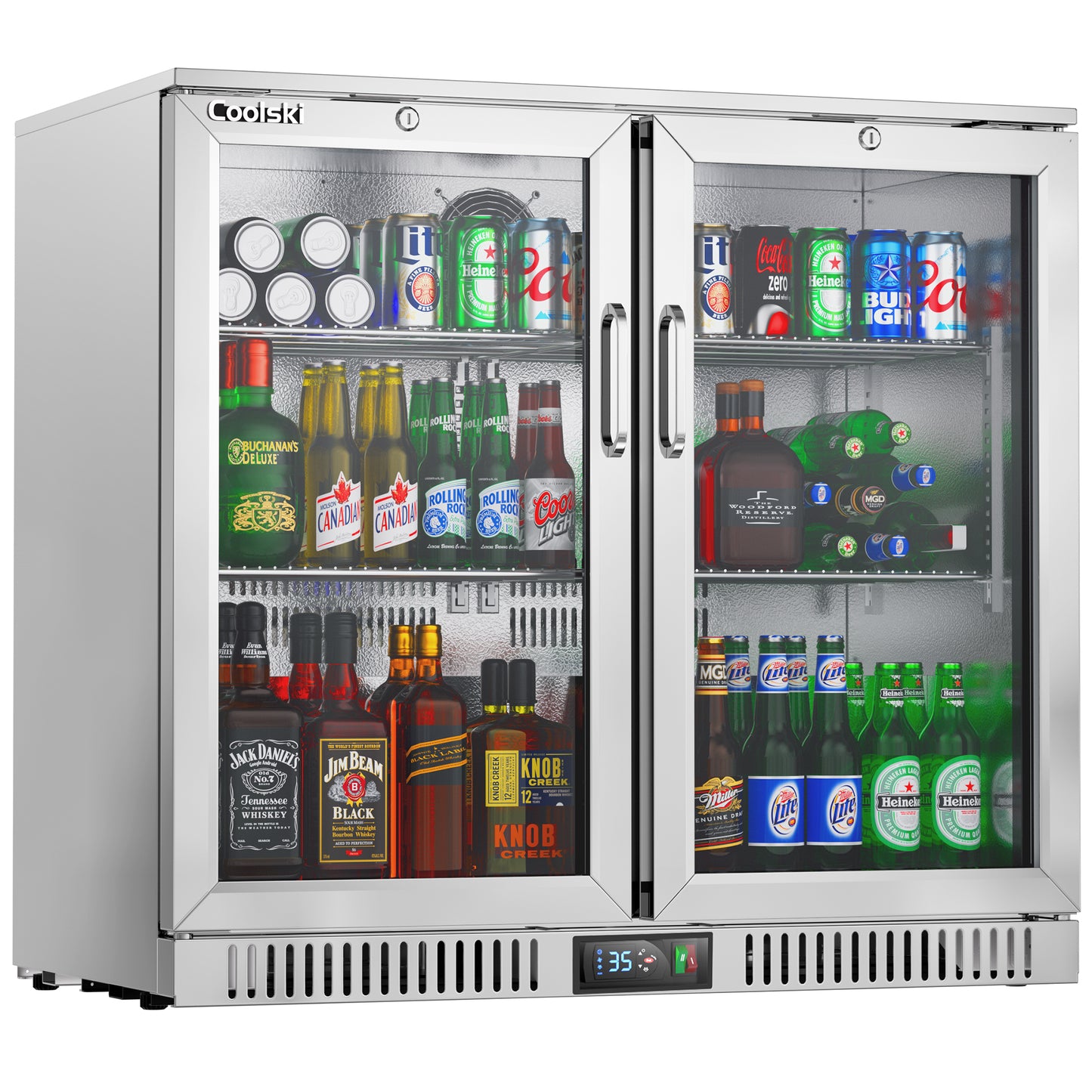 Coolski Back Bar Cooler with 2 Glass Doors, Under Counter Beverage Refrigerator, NSF Certified Stainless Steel
