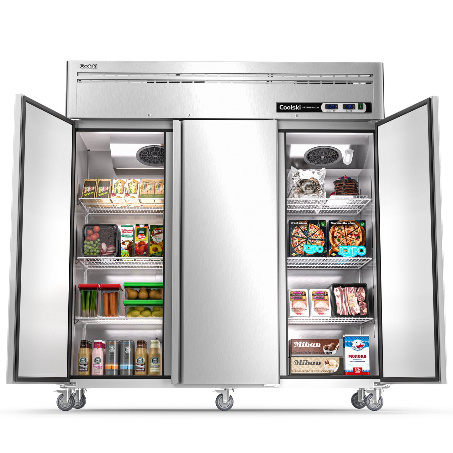 Coolski 72" W Commercial Refrigerator Freezer Combo Reach-in 54 Cu.ft, 3 Section Stainless Steel Solid Door