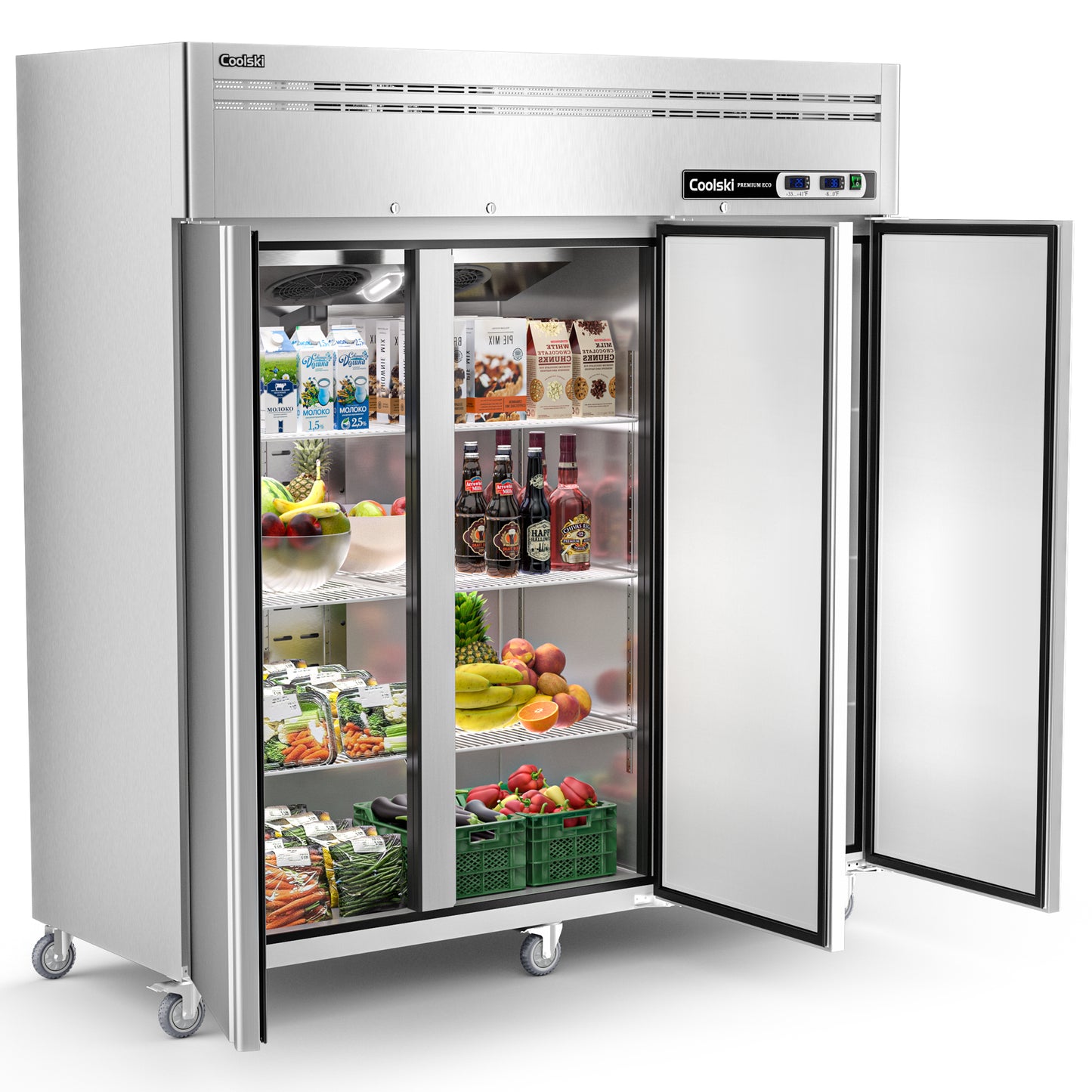 Coolski 72" W Commercial Refrigerator Freezer Combo Reach-in 54 Cu.ft, 3 Section Stainless Steel Solid Door