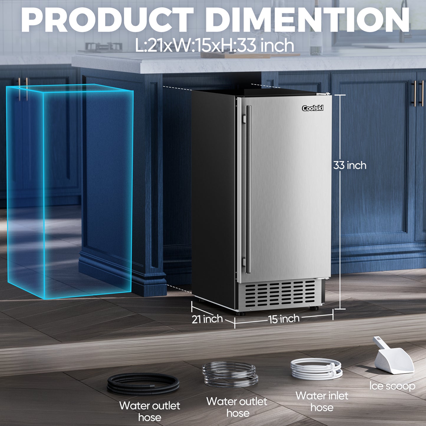 Coolski Commercial Under Counter Ice Maker Machine, Stainless Steel Built-in Freestanding Ice Maker, 80 LBS/Day