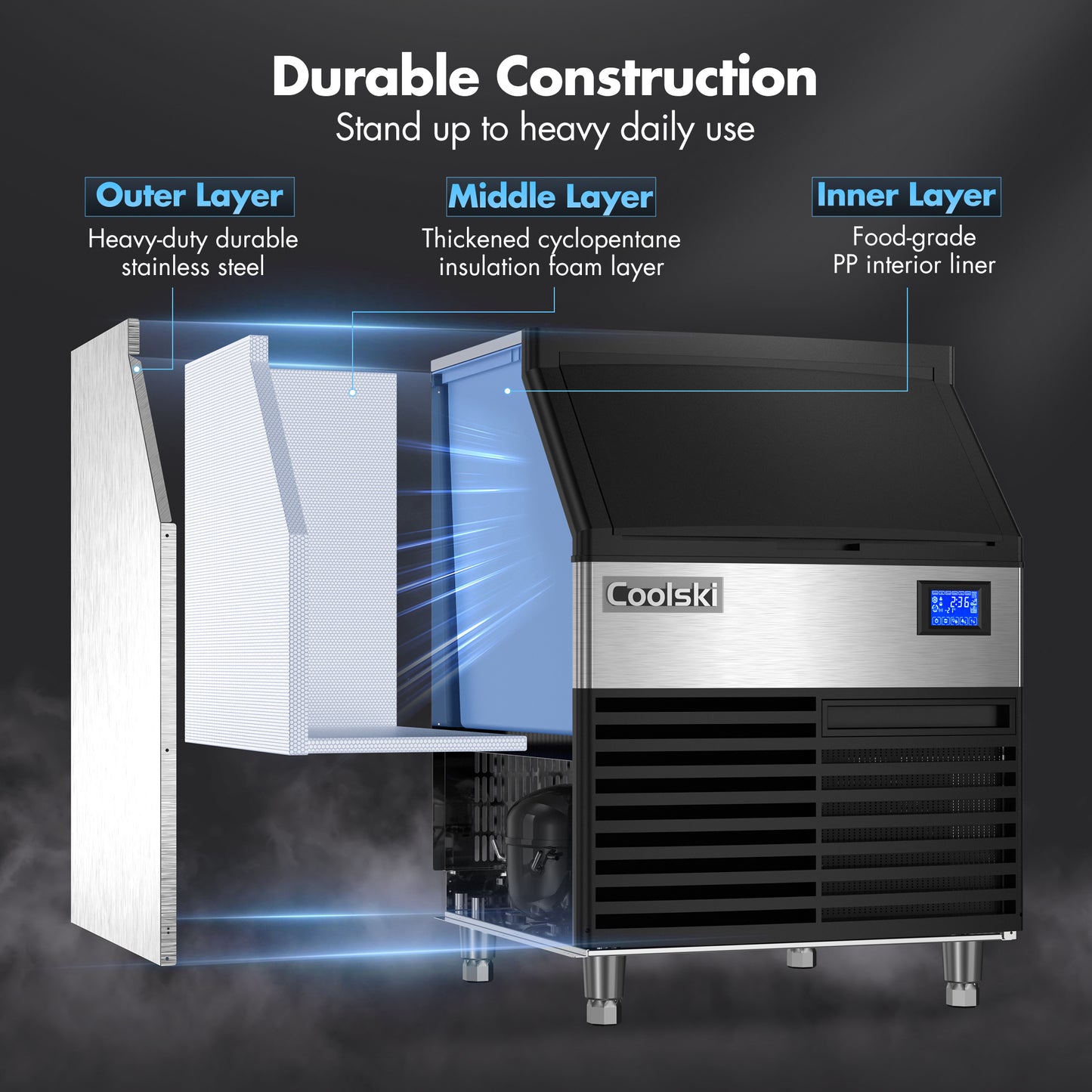 Coolski 26'' Coolski Commercial Ice Machine 200LBS/24H, Undercounter Ice Maker with Storage Bin, Stainless Steel