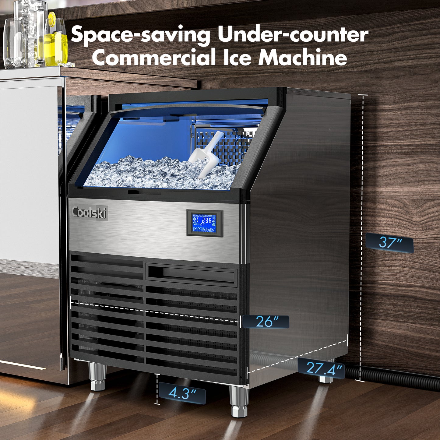 Coolski 26'' Coolski Commercial Ice Machine 200LBS/24H, Undercounter Ice Maker with Storage Bin, Stainless Steel