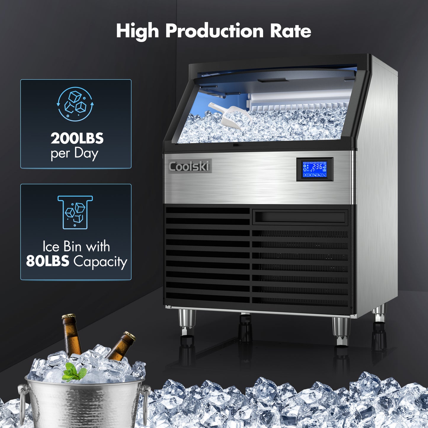 Coolski 26'' Coolski Commercial Ice Machine 200LBS/24H, Undercounter Ice Maker with Storage Bin, Stainless Steel