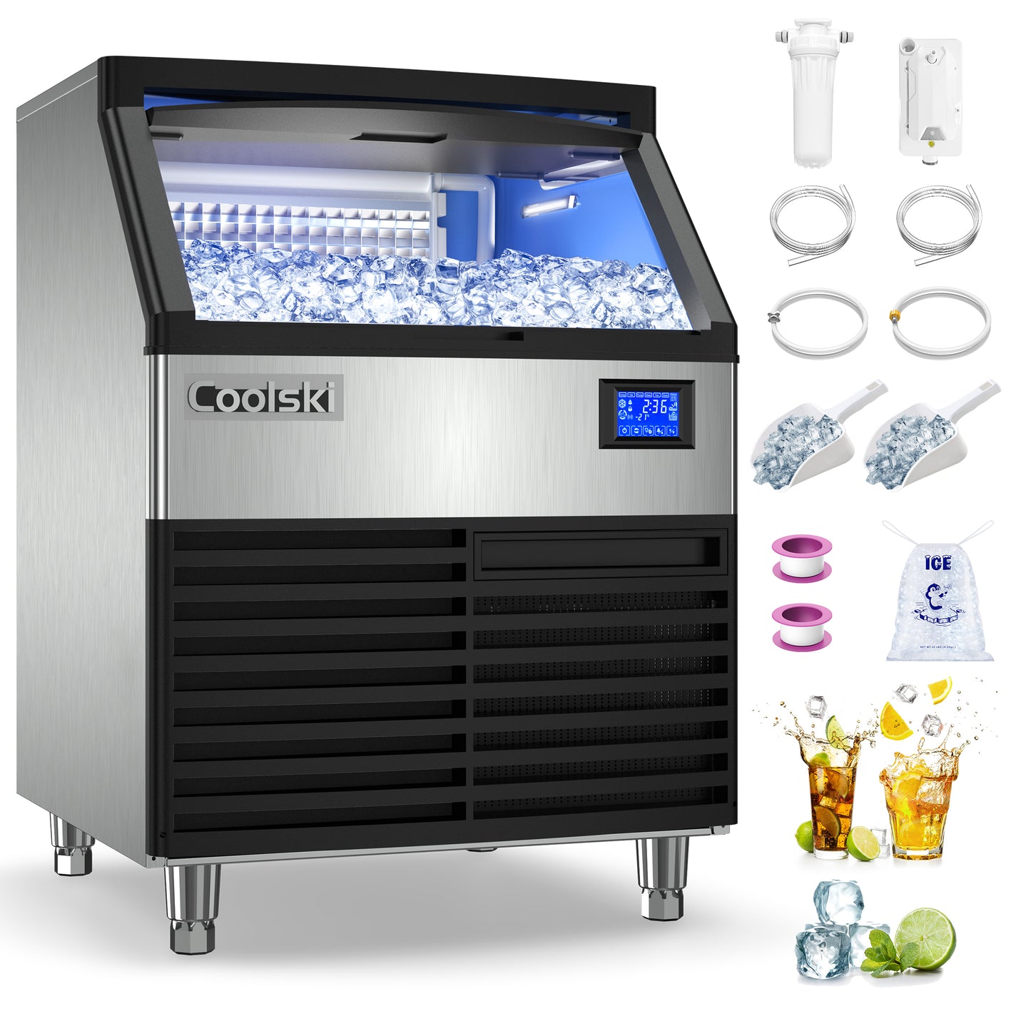 Coolski 26'' Coolski Commercial Ice Machine 200LBS/24H, Undercounter Ice Maker with Storage Bin, Stainless Steel