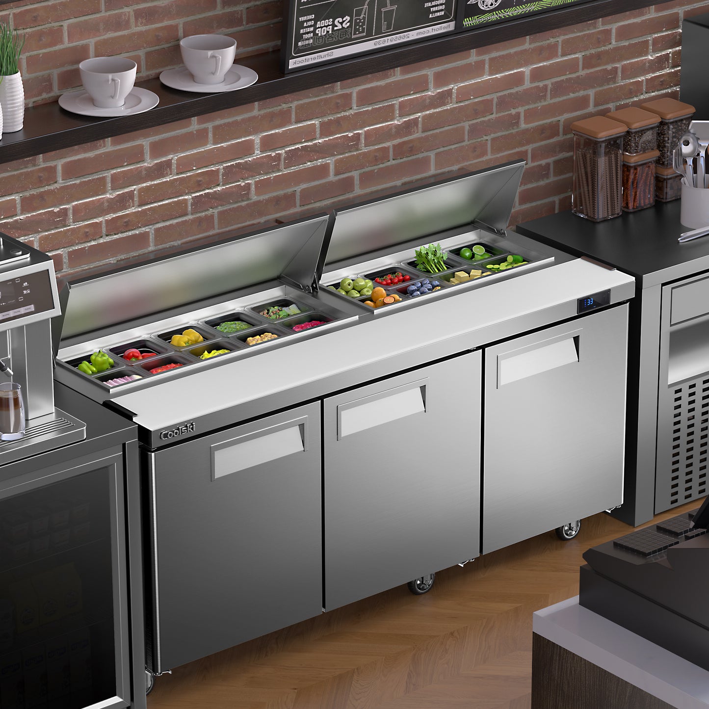 Coolski 72.7’’ Salad Bar Refrigerator 3 Door, Refrigerated Salad Pizza Sandwich Prep Table, Stainless Steel ETL NSF Approved