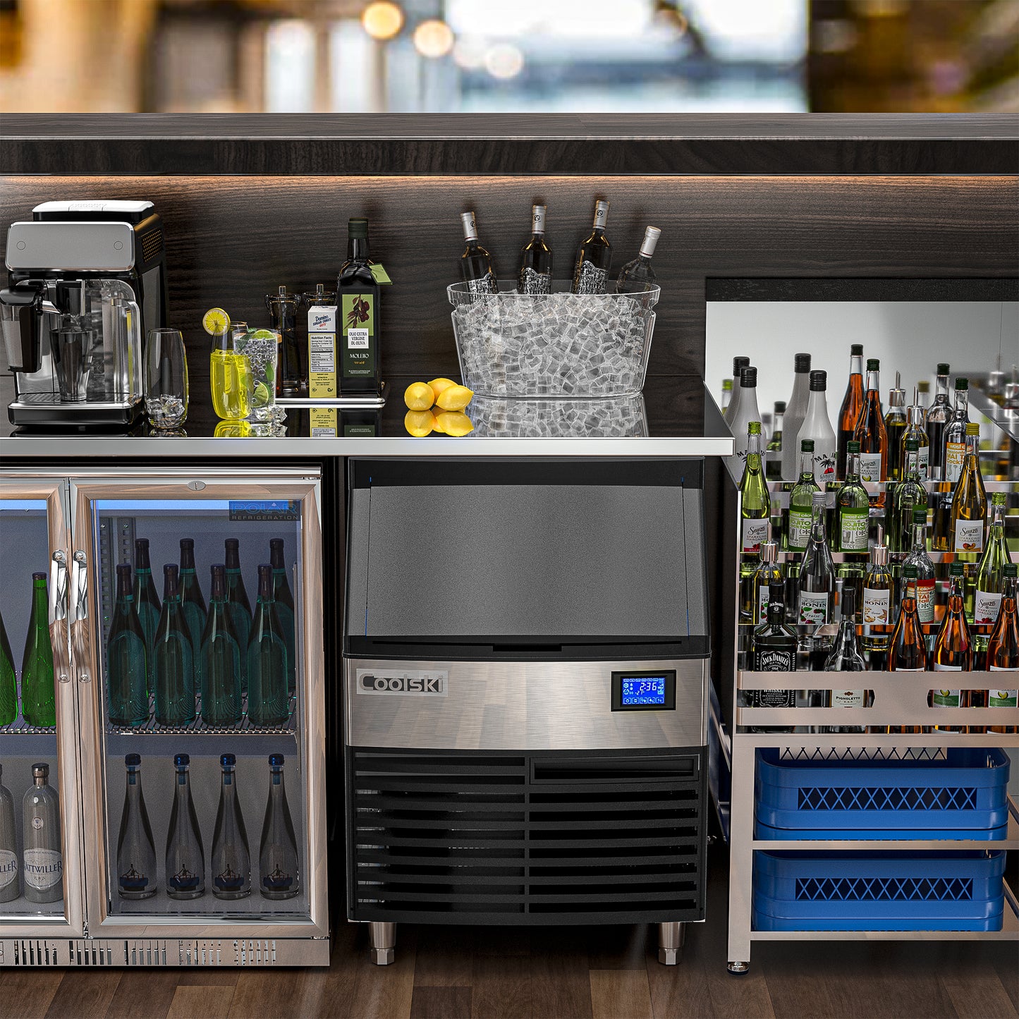 Coolski 26'' Coolski Commercial Ice Machine 200LBS/24H, Undercounter Ice Maker with Storage Bin, Stainless Steel