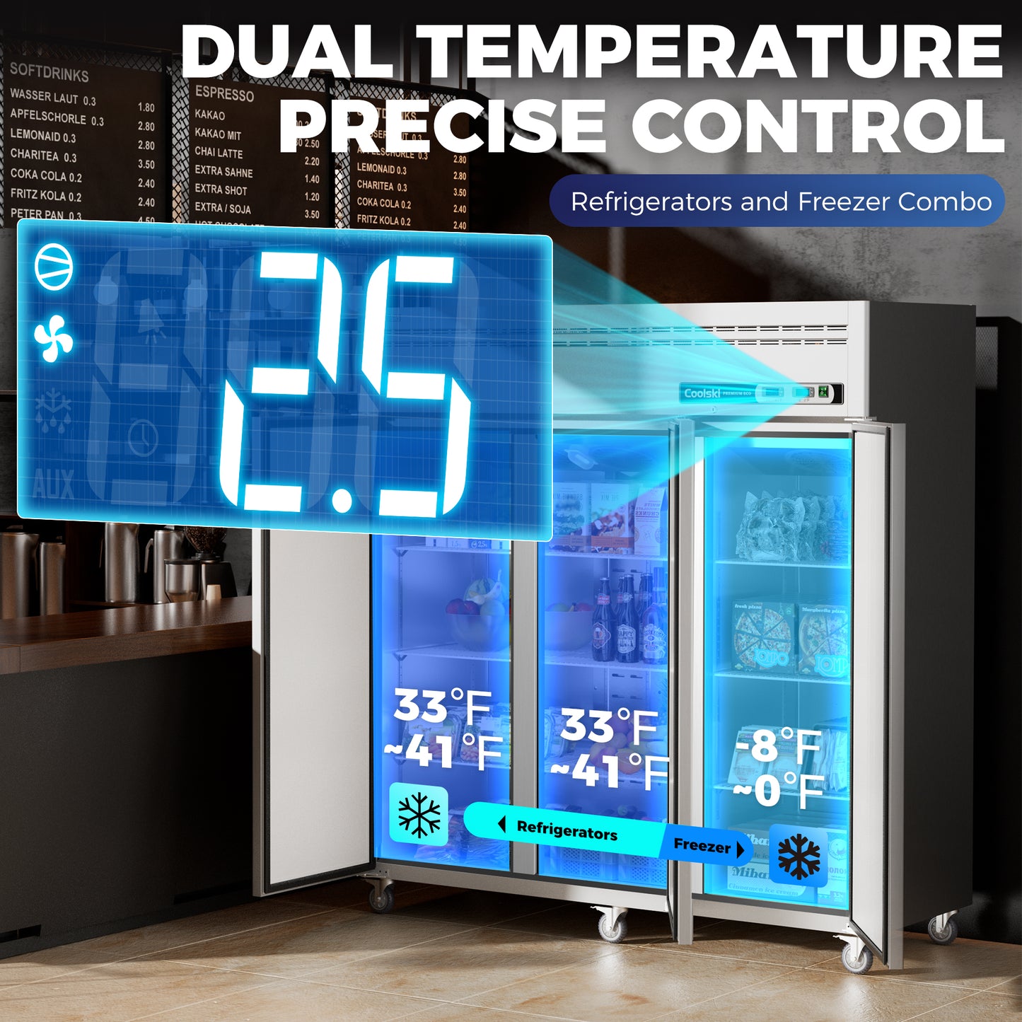 Coolski 72" W Commercial Refrigerator Freezer Combo Reach-in 54 Cu.ft, 3 Section Stainless Steel Solid Door