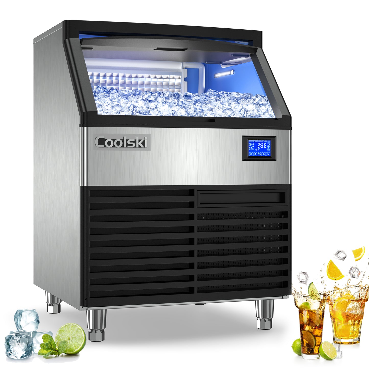 Coolski 26'' Coolski Commercial Ice Machine 200LBS/24H, Undercounter Ice Maker with Storage Bin, Stainless Steel