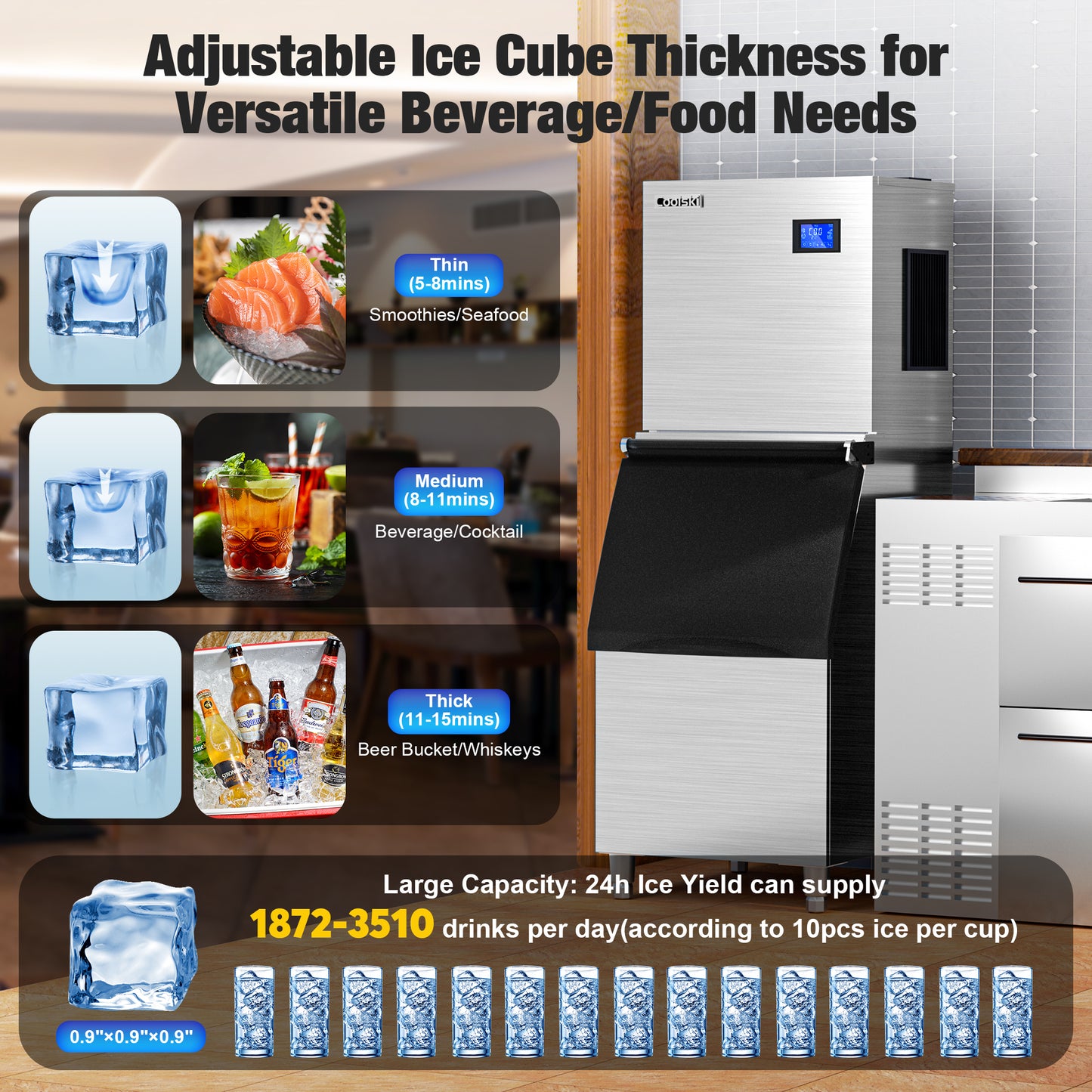 Coolski 22'' Commercial Ice Maker Machine 450LBS/24H, Cube Ice Maker with Large Storage Bin Stainless Steel