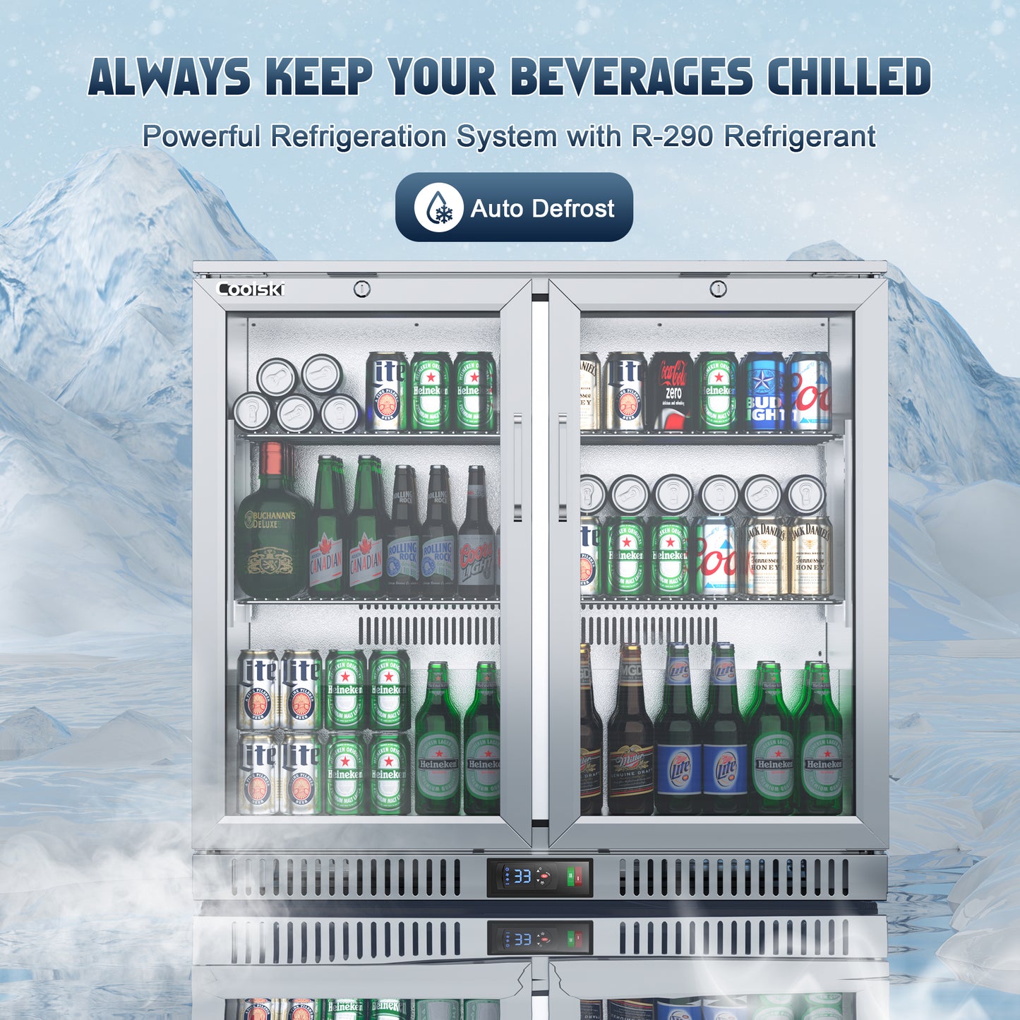 Coolski Back Bar Cooler with 2 Glass Doors, Under Counter Beverage Refrigerator, NSF Certified Stainless Steel