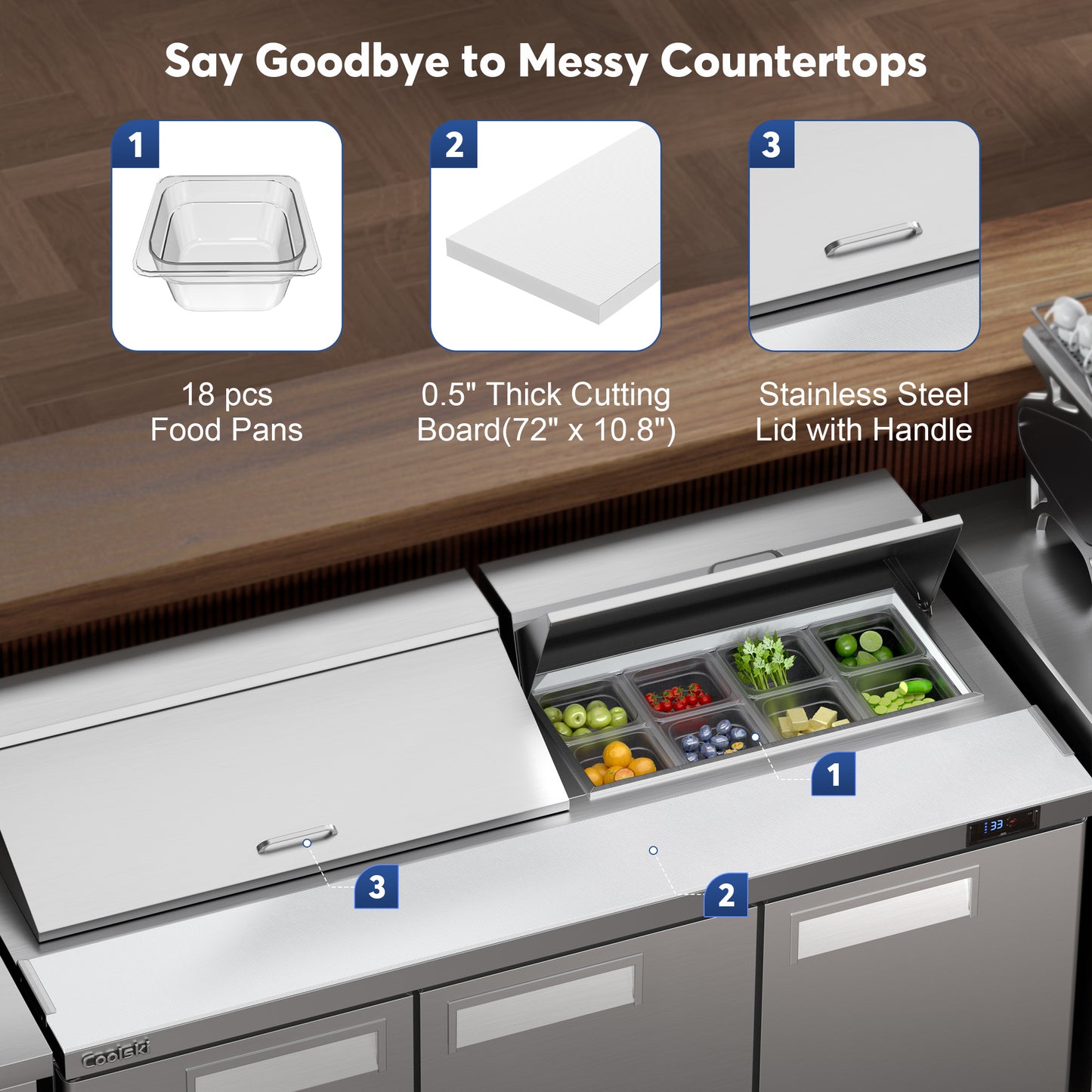 Coolski 72.7’’ Salad Bar Refrigerator 3 Door, Refrigerated Salad Pizza Sandwich Prep Table, Stainless Steel ETL NSF Approved