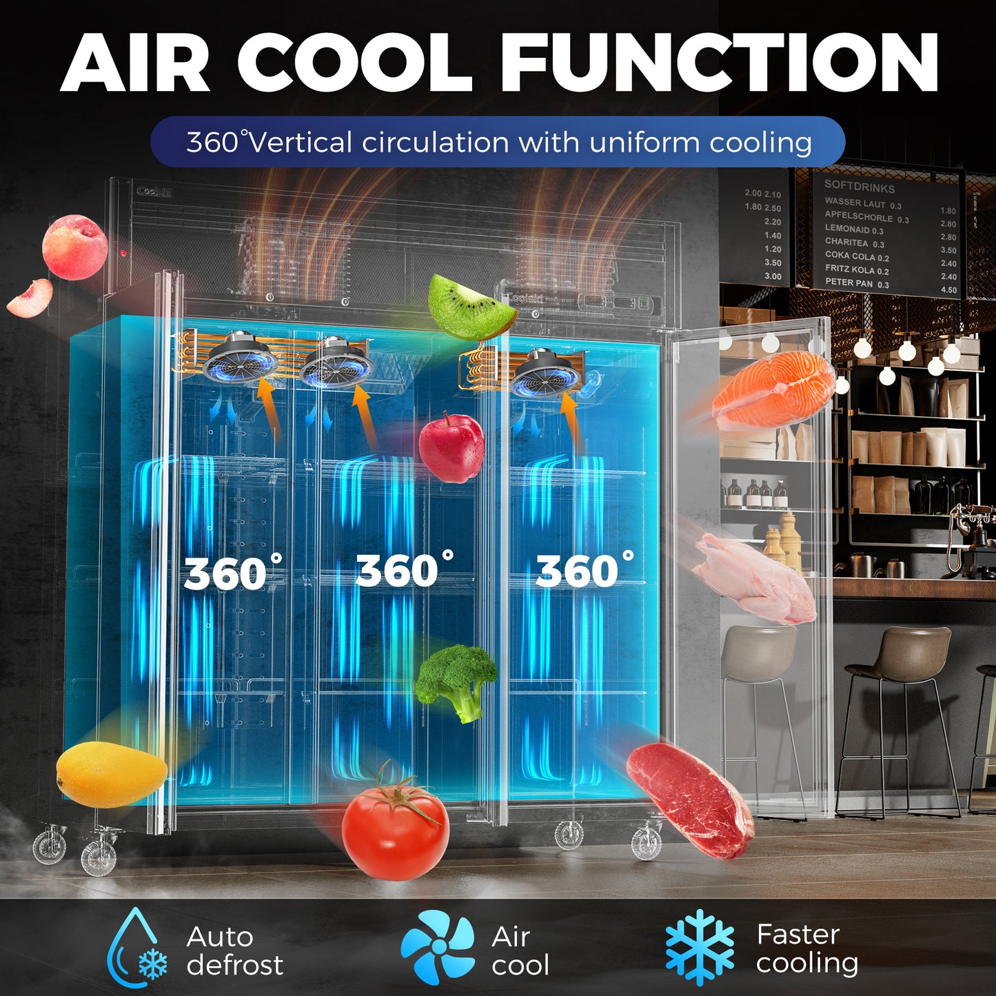 Coolski 72" W Commercial Refrigerator Freezer Combo Reach-in 54 Cu.ft, 3 Section Stainless Steel Solid Door