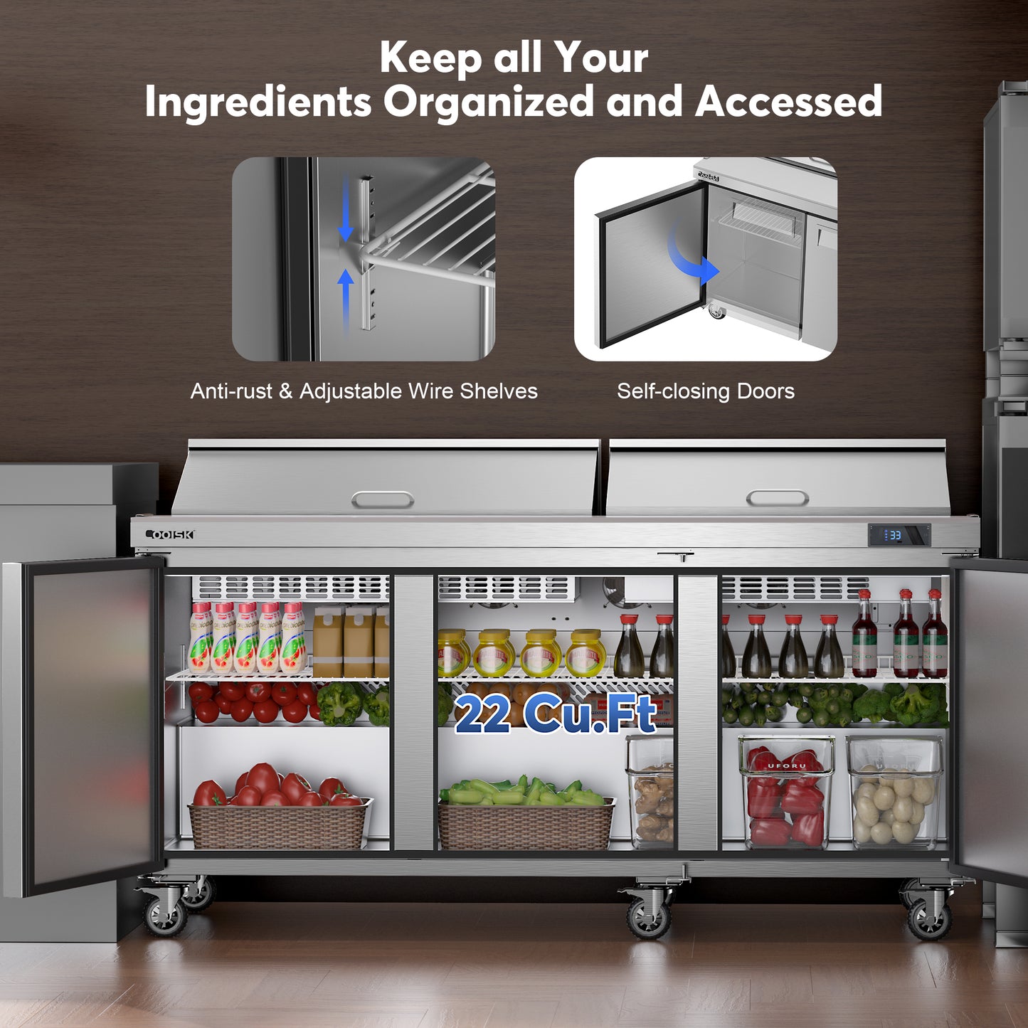 Coolski 72.7’’ Salad Bar Refrigerator 3 Door, Refrigerated Salad Pizza Sandwich Prep Table, Stainless Steel ETL NSF Approved