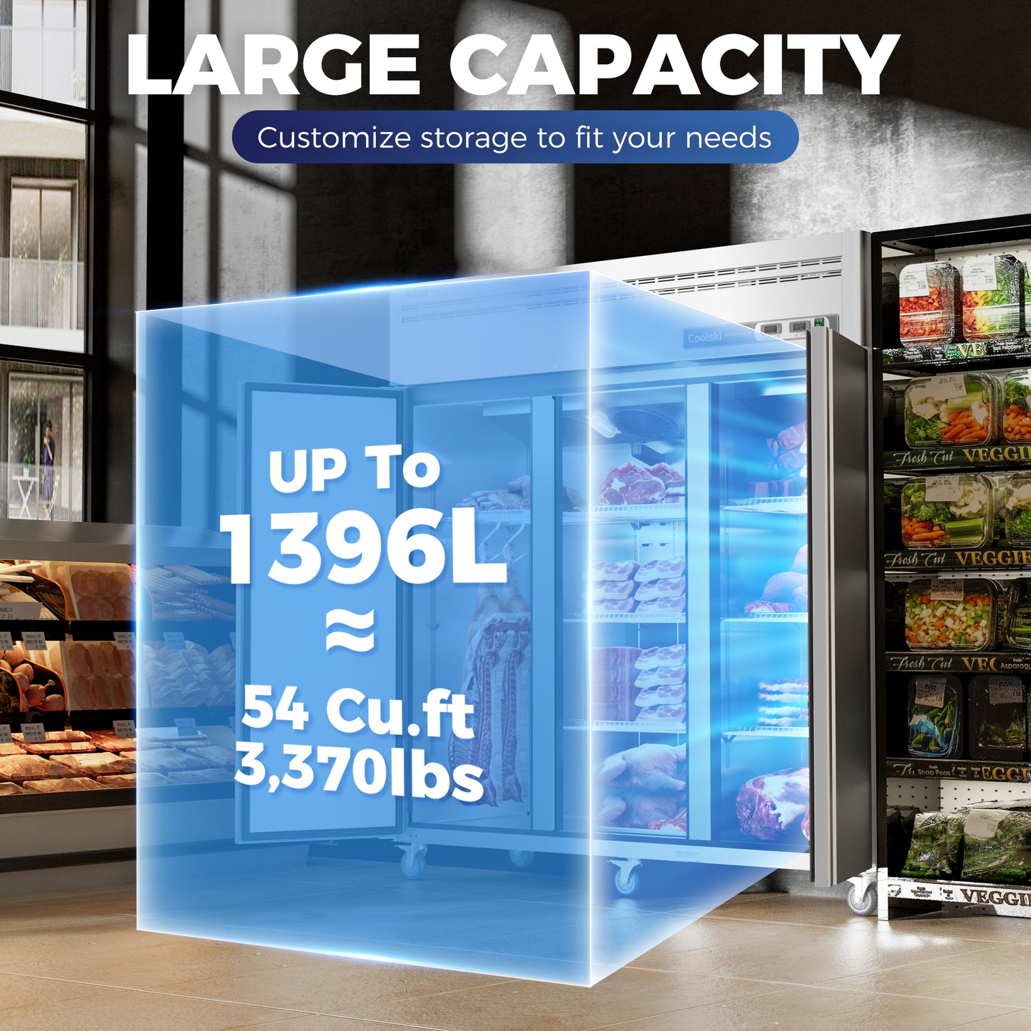 Coolski 72" W Commercial Refrigerator Freezer Combo Reach-in 54 Cu.ft, 3 Section Stainless Steel Solid Door