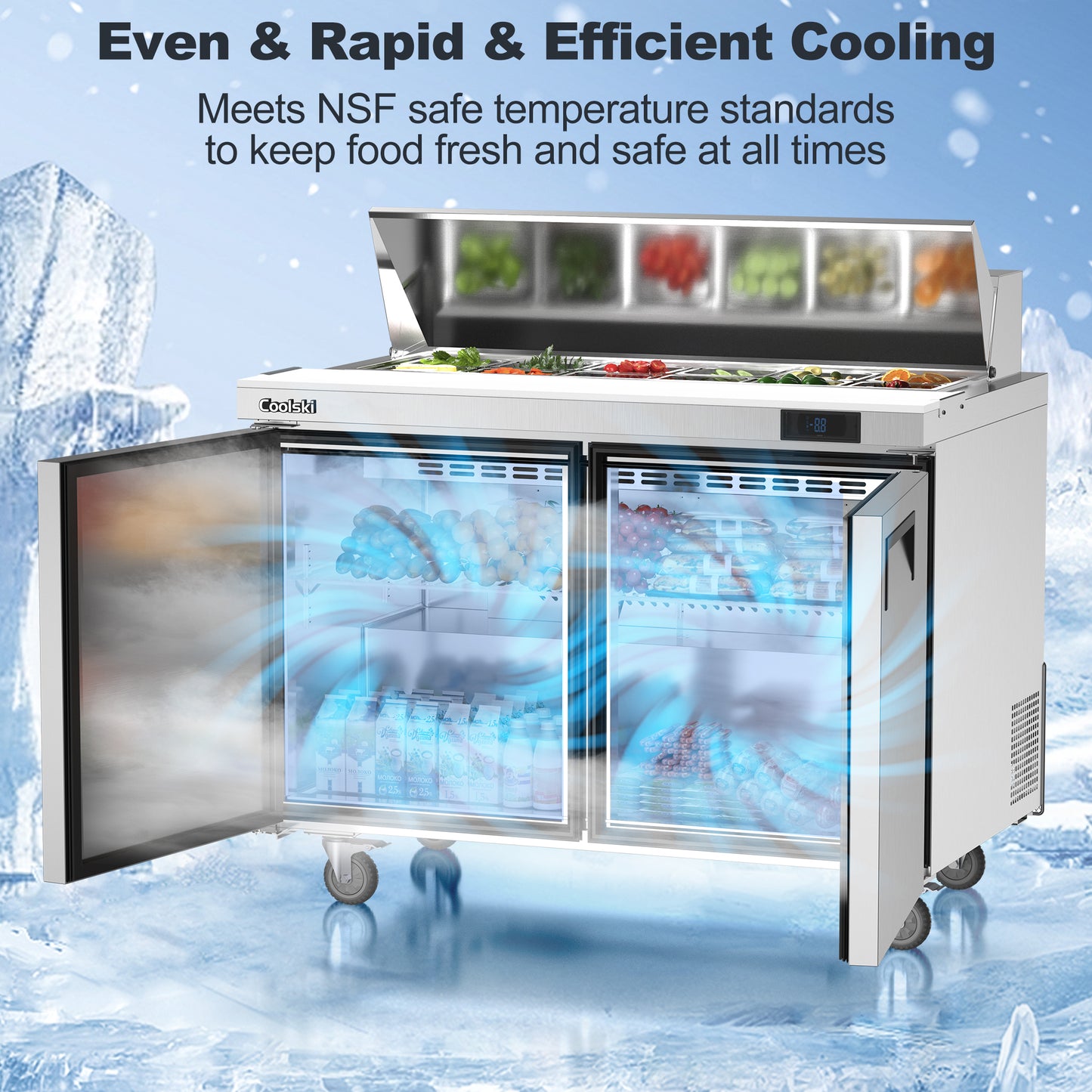 Coolski 48’’ Salad Bar Refrigerator, Refrigerated Sandwich Salad Food Prep Table, Stainless Steel ETL NSF Approved