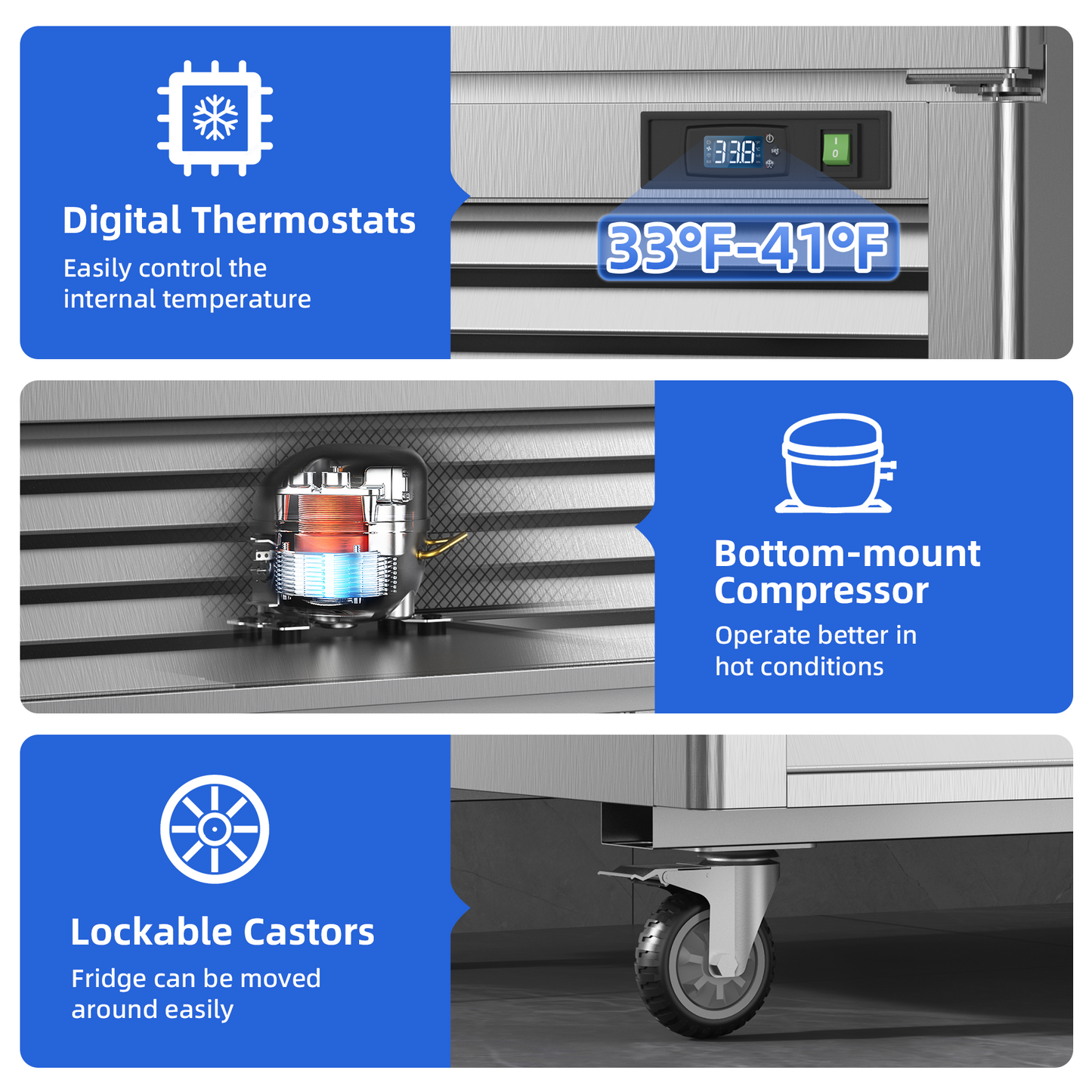 Coolski 54'' W Commercial Refrigerator, Reach-in Refrigerator with 49 Cu.Ft Capacity, Stainless Steel NSF Certified