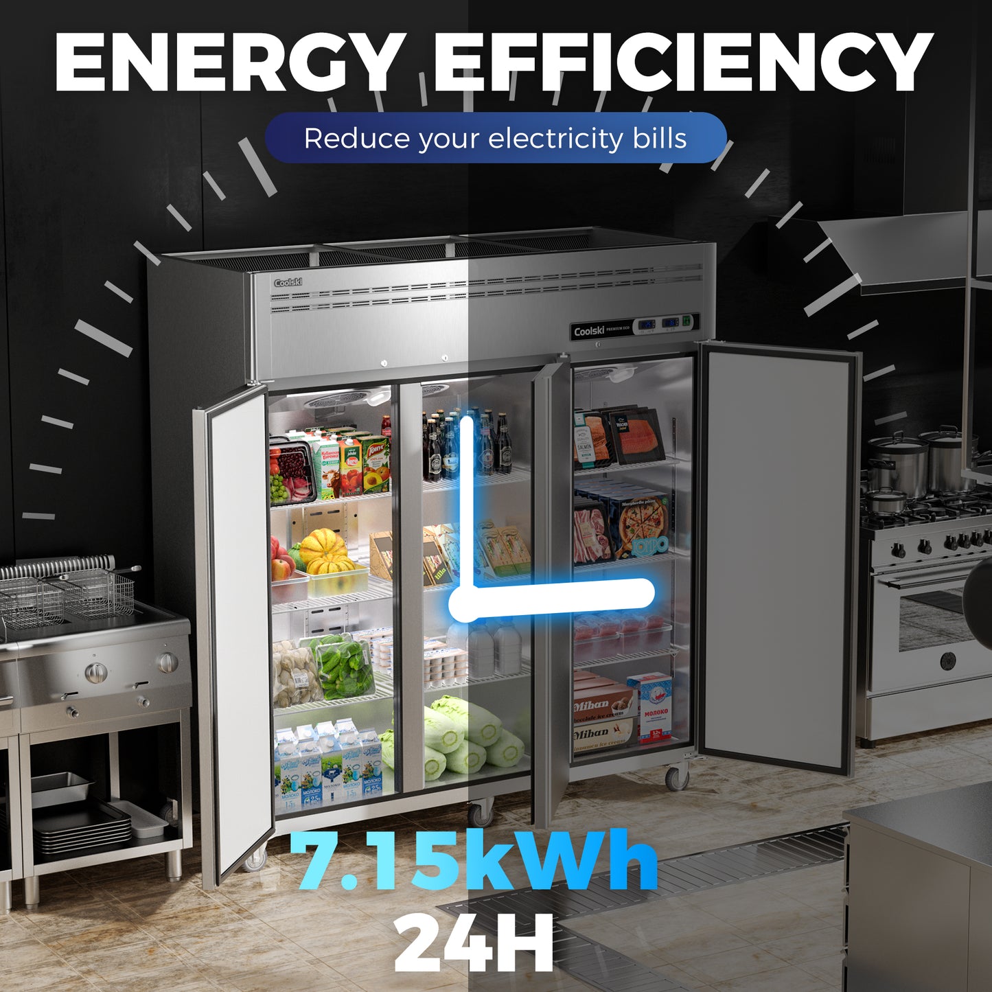 Coolski 72" W Commercial Refrigerator Freezer Combo Reach-in 54 Cu.ft, 3 Section Stainless Steel Solid Door