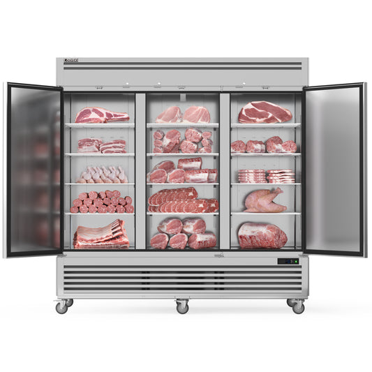 Coolski 82" W Commercial Freezer, 72 Cu.ft Three Solid Door Stainless Steel Reach-in Freezer
