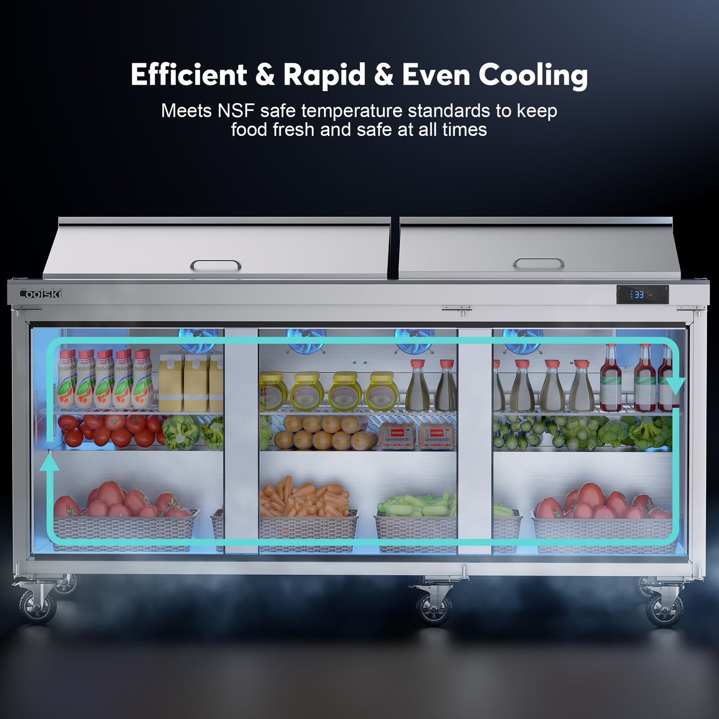 Coolski 72.7’’ Salad Bar Refrigerator 3 Door, Refrigerated Salad Pizza Sandwich Prep Table, Stainless Steel ETL NSF Approved