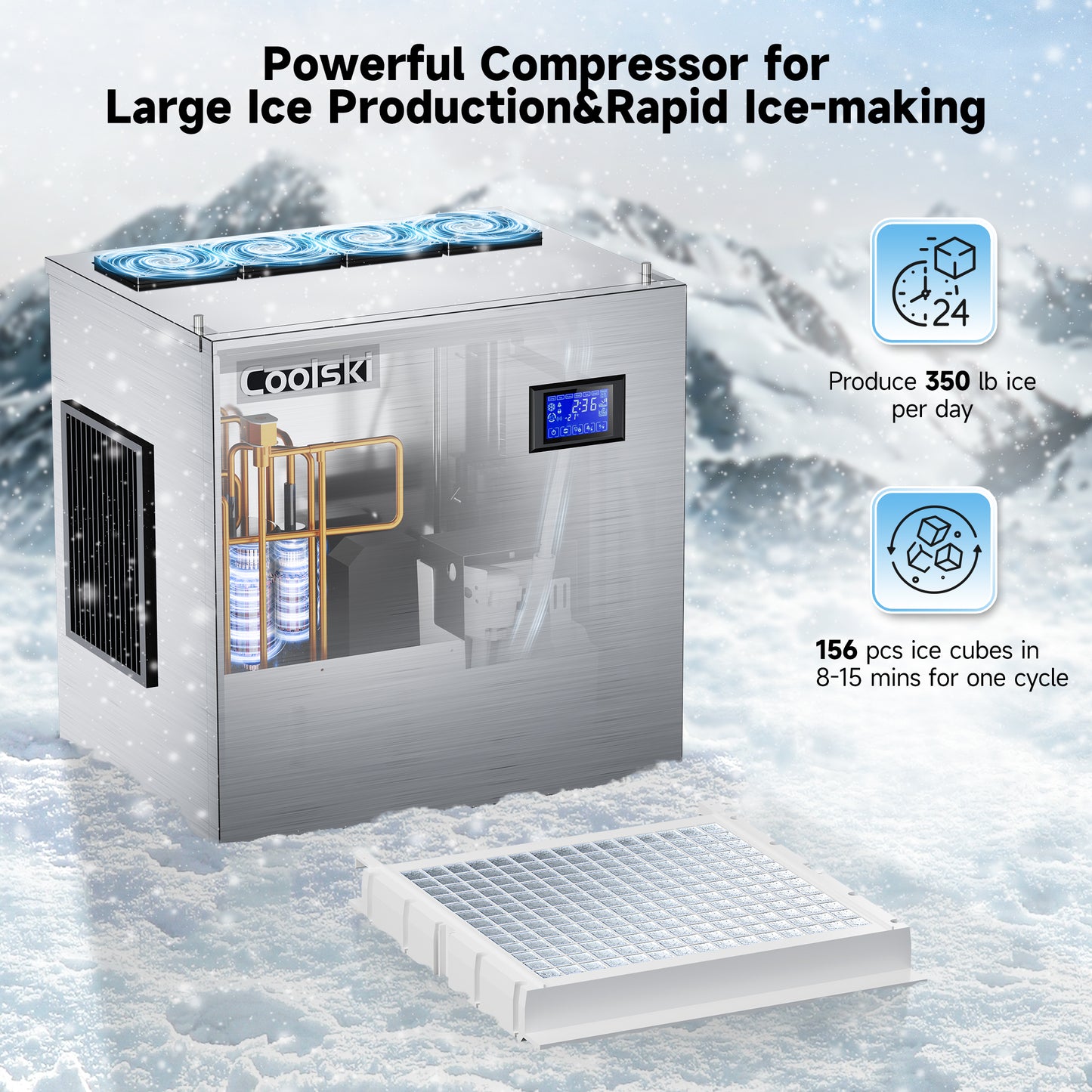 Coolski Top Portion of Coolski Commercial Ice Machine 350LBS/24H, Cube Ice Air Cooler Stainless Steel