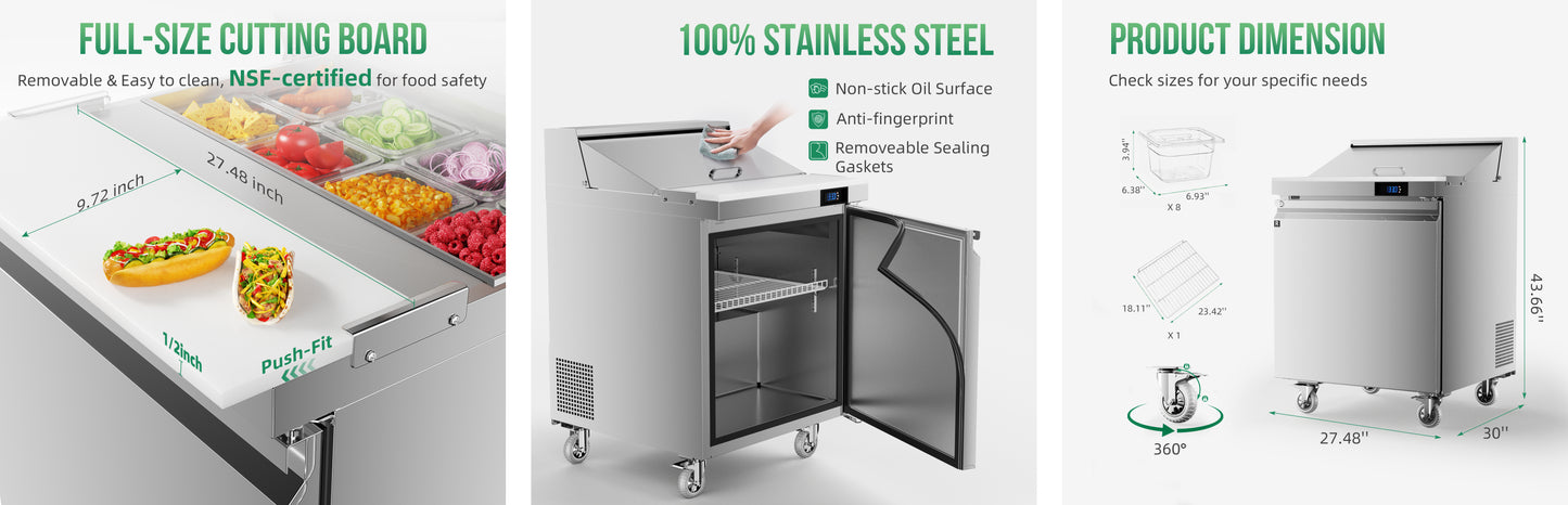 Coolake 27'' W Commercial Refrigerator Sandwich Salad Prep Table, 1 Door Sandwich Fridge with 8 GN 1/6 Pans