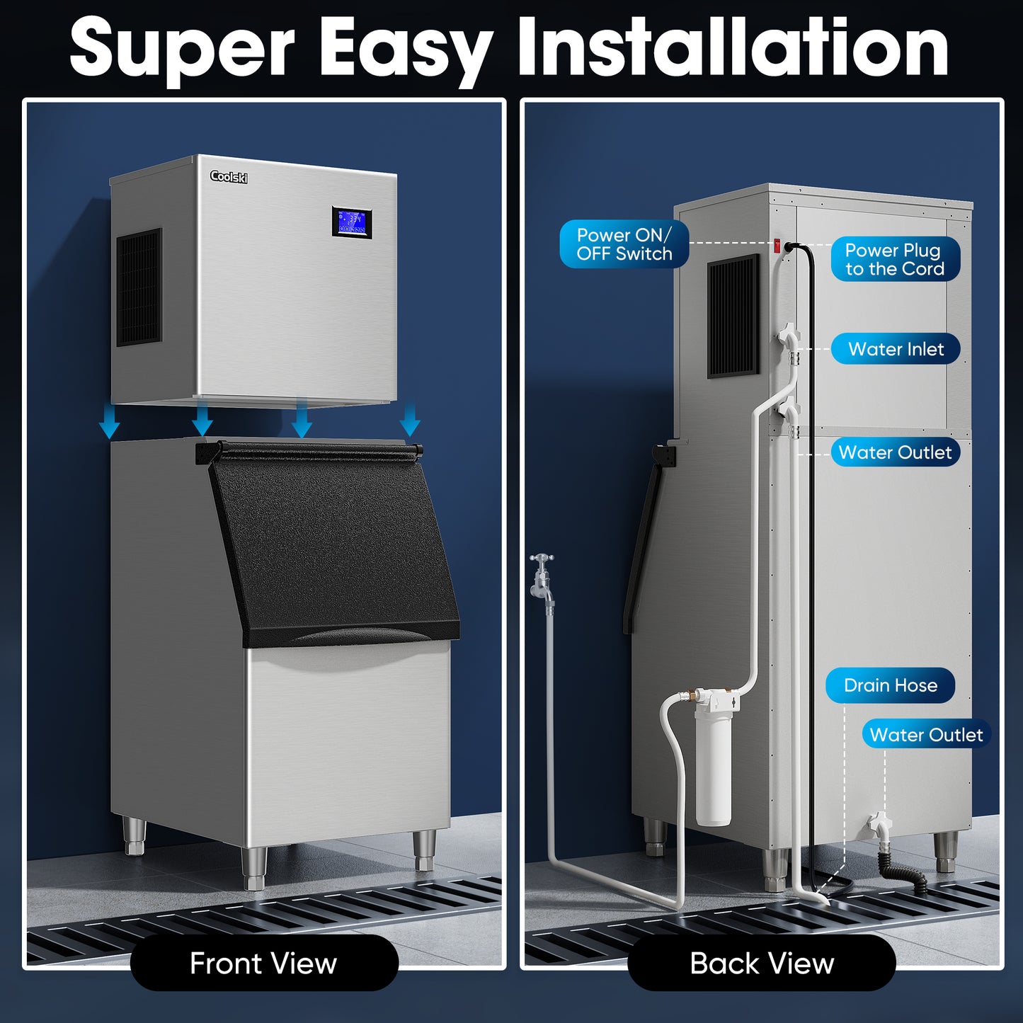 Coolski Commercial Ice Maker Machine 350LB/24H, Cube Ice Maker with Large Storage Bin Stainless Steel