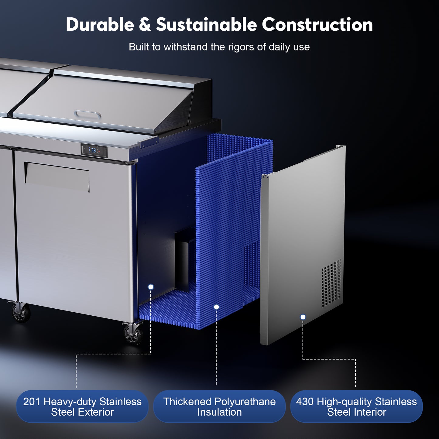 Coolski 72.7’’ Salad Bar Refrigerator 3 Door, Refrigerated Salad Pizza Sandwich Prep Table, Stainless Steel ETL NSF Approved