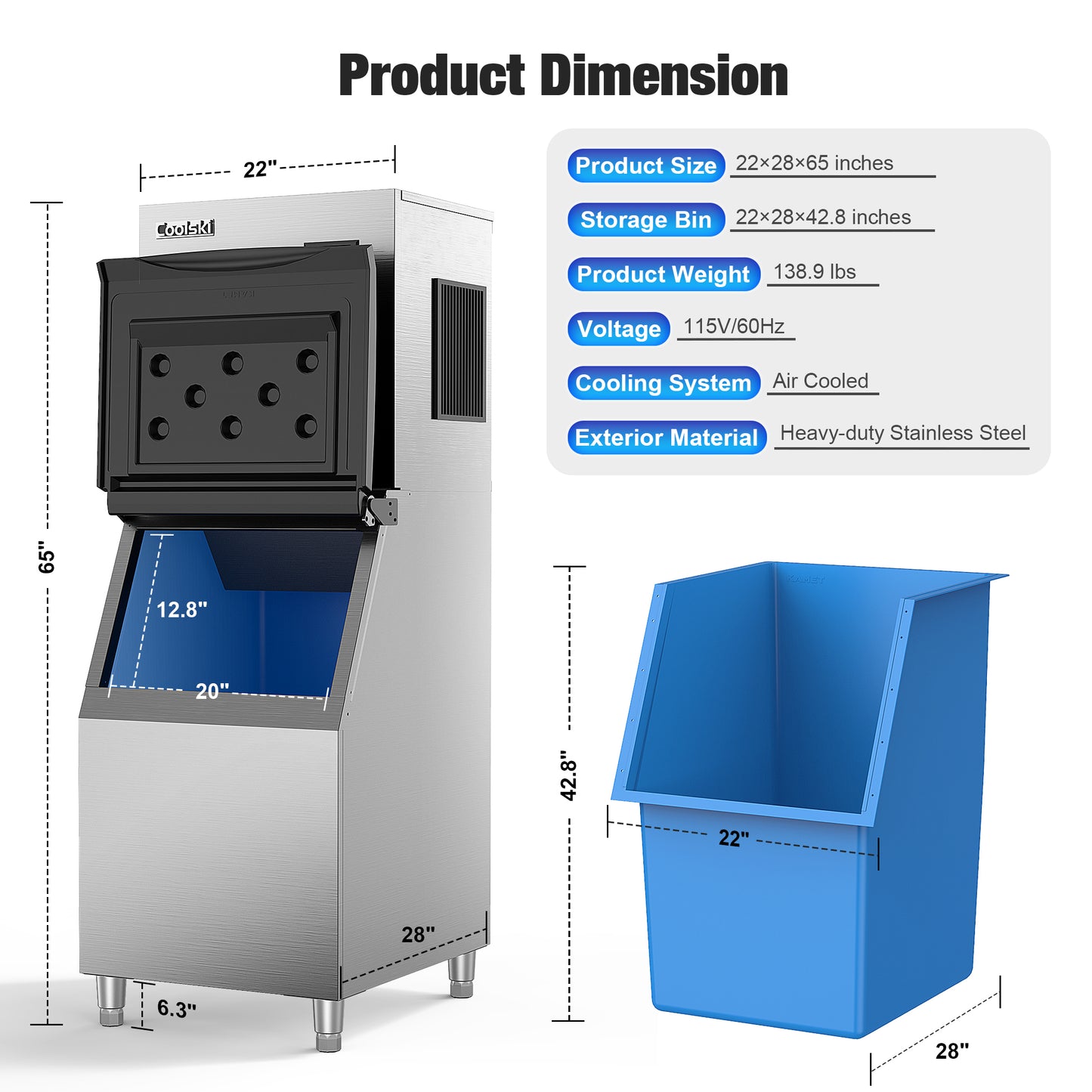 Coolski Commercial Ice Maker Machine 350LB/24H, Cube Ice Maker with Large Storage Bin Stainless Steel