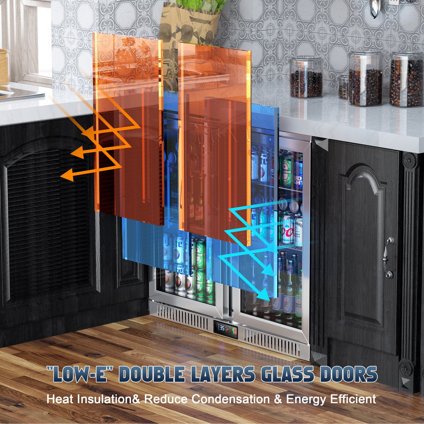 Coolski Back Bar Cooler with 2 Glass Doors, Under Counter Beverage Refrigerator, NSF Certified Stainless Steel
