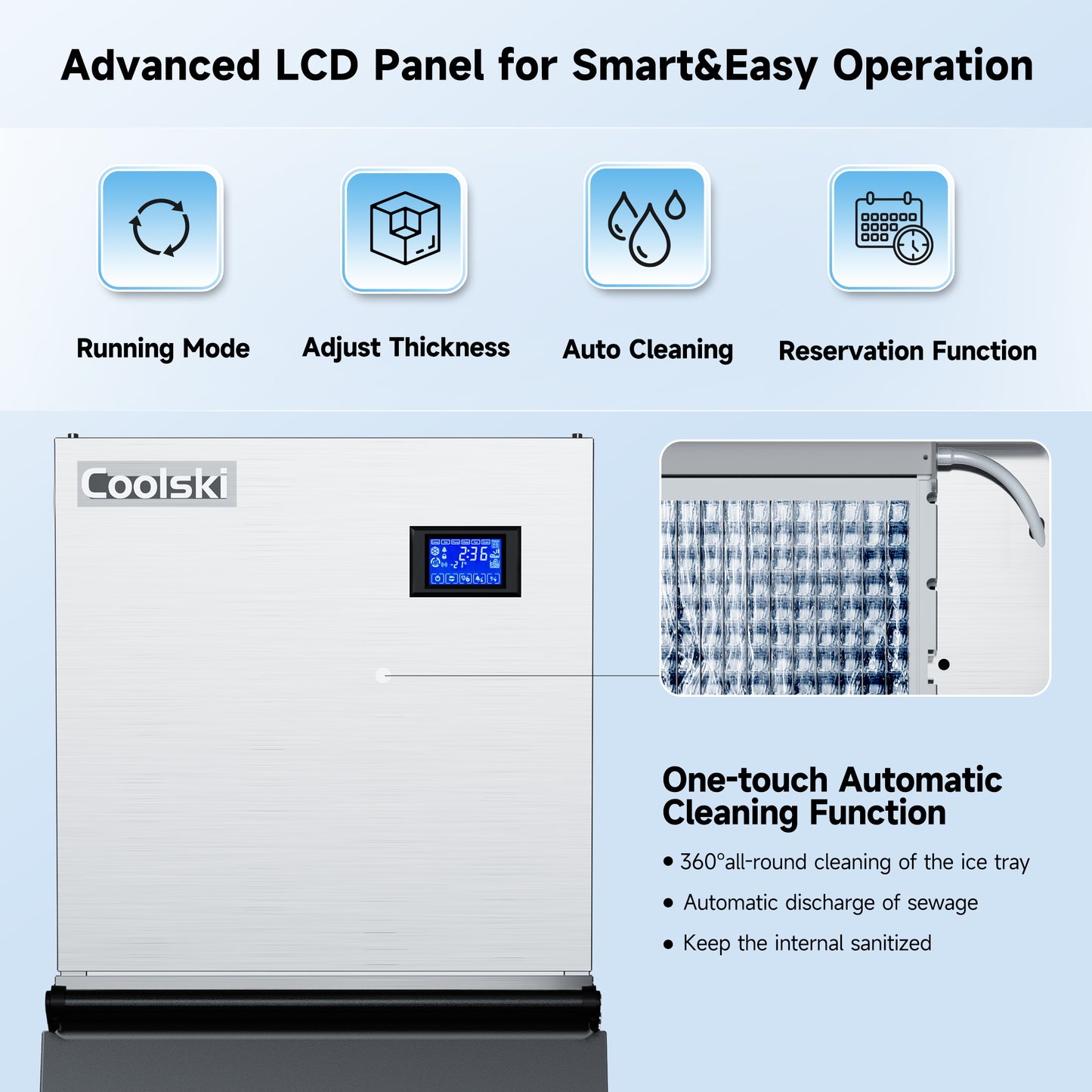 Coolski Commercial Ice Maker Machine 350LB/24H, Cube Ice Maker with Large Storage Bin Stainless Steel
