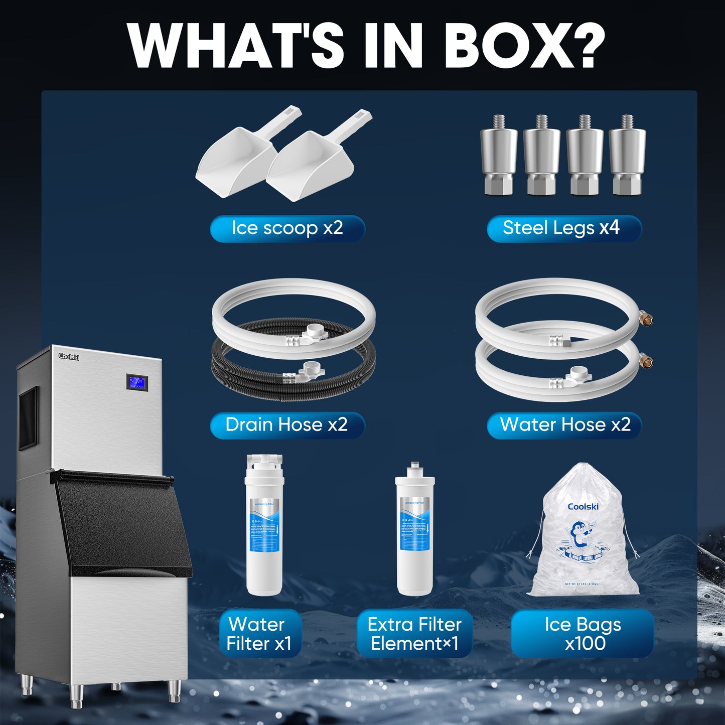 Coolski 22'' Commercial Ice Maker Machine 450LBS/24H, Cube Ice Maker with Large Storage Bin Stainless Steel