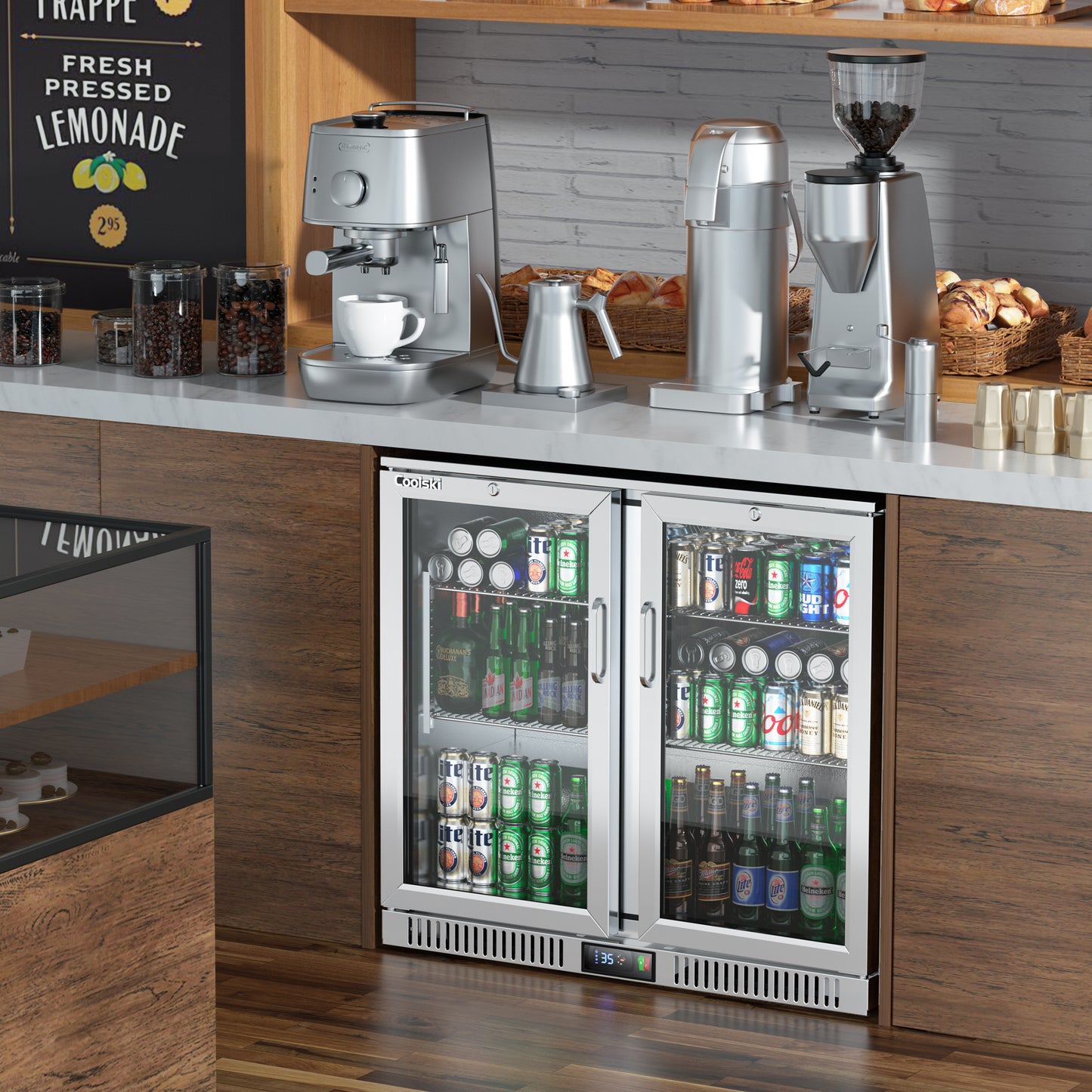 Coolski Back Bar Cooler with 2 Glass Doors, Under Counter Beverage Refrigerator, NSF Certified Stainless Steel
