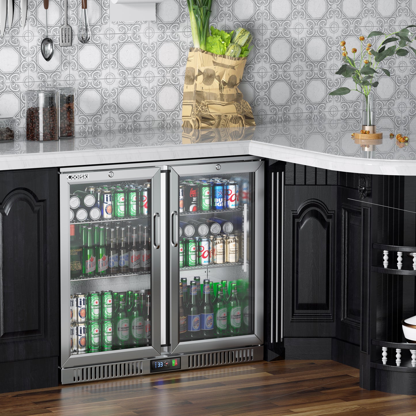 Coolski Back Bar Cooler with 2 Glass Doors, Under Counter Beverage Refrigerator, NSF Certified Stainless Steel