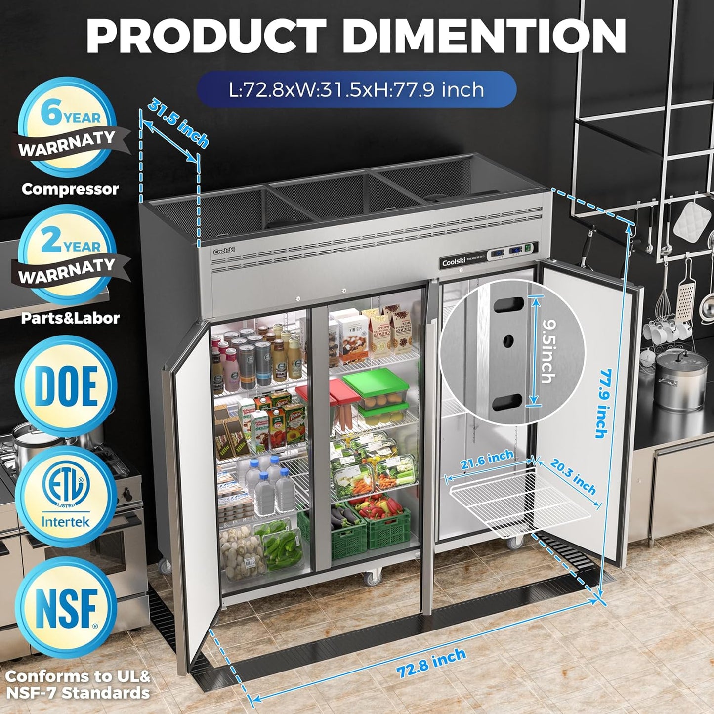 Coolski 72" W Commercial Refrigerator Freezer Combo Reach-in 54 Cu.ft, 3 Section Stainless Steel Solid Door