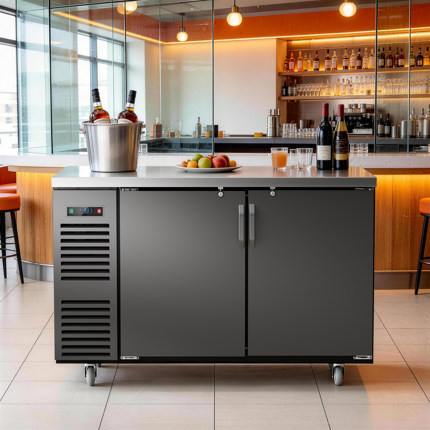 Coolski 60 in. W 20.5 cu. ft. Commercial Solid Door Under Back Bar Cooler Refrigerator in Black Stainless Steel