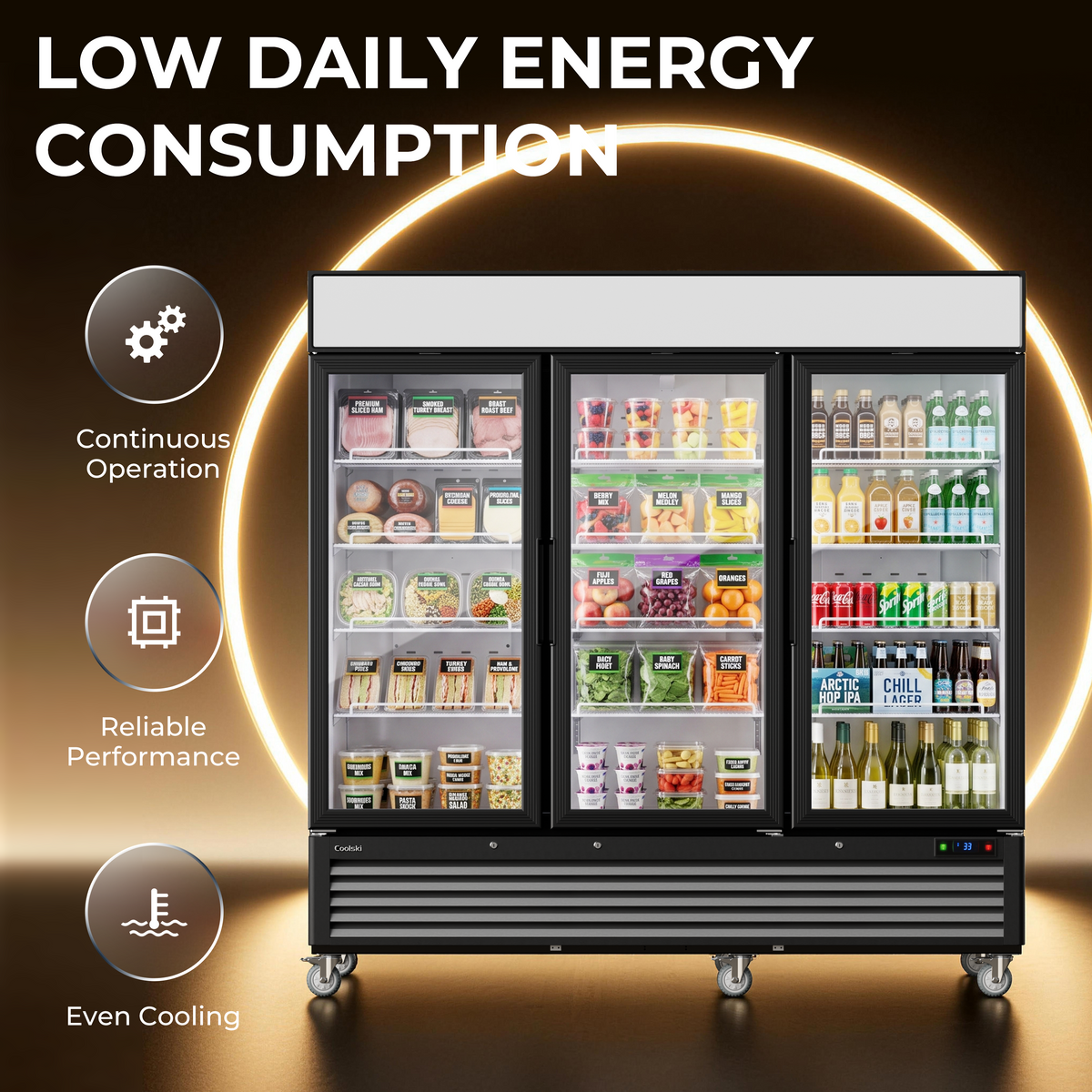 Coolski Commercial 82 W’’ Commercial Display Refrigerator, 72 Cu. Ft Glass Door Cooler, Upright Merchandiser Drink Fridge for Bar, Restaurant, shop, Customizable Top Light Box, Auto Defrost