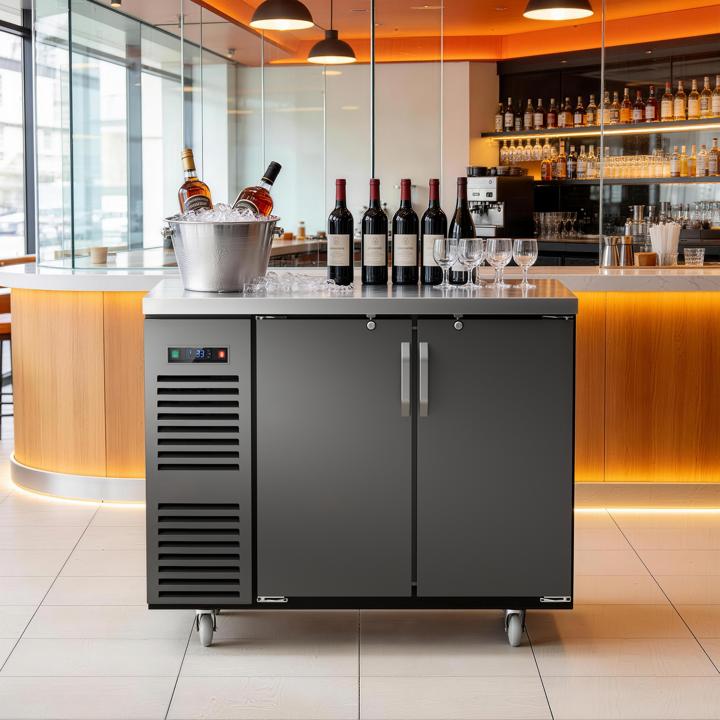 Coolski 48 in. W 15.1 cu. ft. Commercial Solid Door Under Back Bar Cooler Refrigerator in Black Stainless Steel