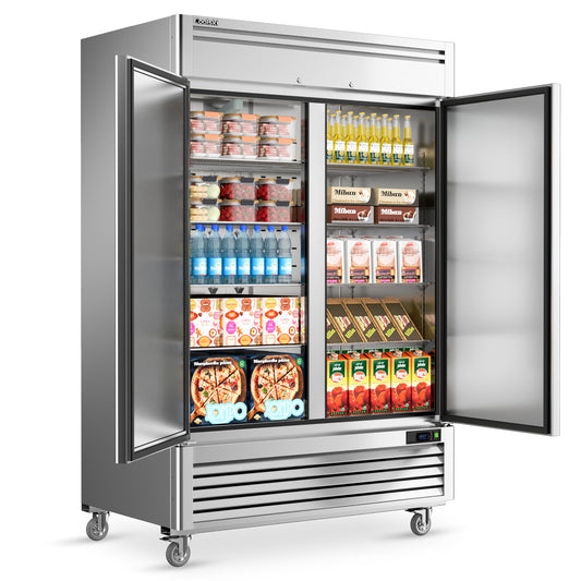 Coolski 54" W Commercial Refrigerator, 49 Cu.ft Double Solid Door Stainless Steel Reach-in Refrigerator