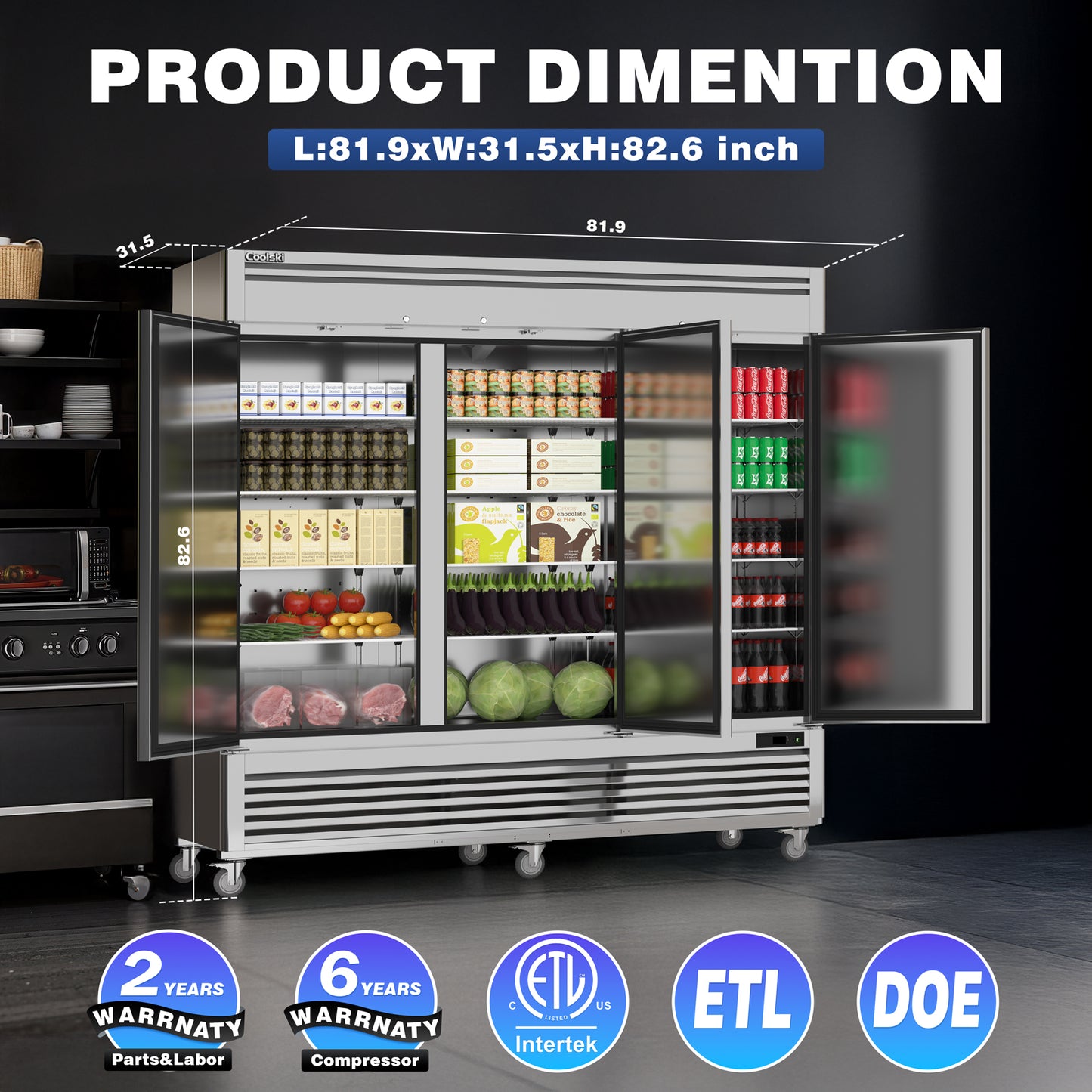 Coolski 82" W Commercial Freezer, 72 Cu.ft Three Solid Door Stainless Steel Reach-in Freezer