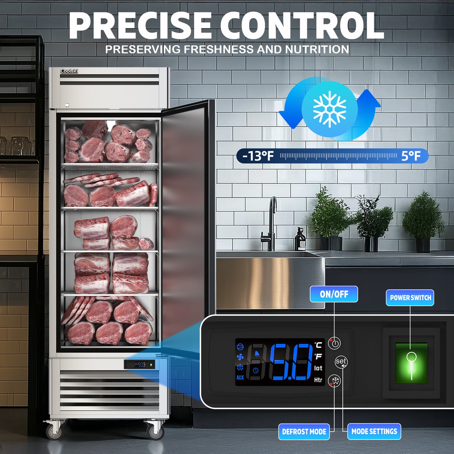 Coolski 27" W Commercial Freezer, 19.32 Cu.ft Single Solid Door Stainless Steel Reach-in Freezer