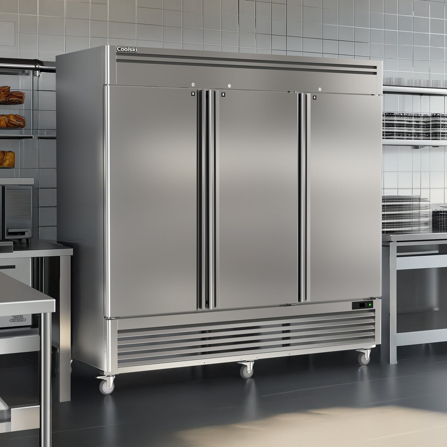 Coolski 82" W Commercial Freezer, 72 Cu.ft Three Solid Door Stainless Steel Reach-in Freezer