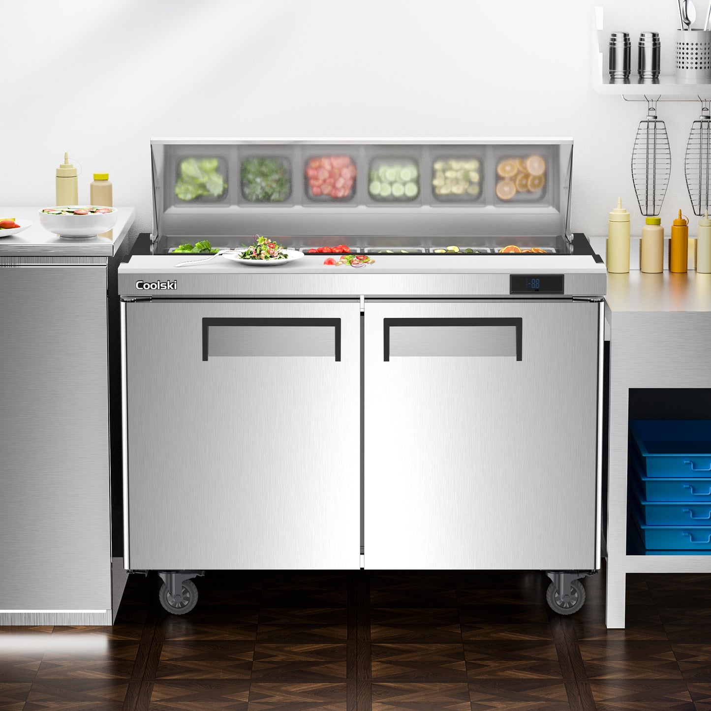 Coolski 48’’ Salad Bar Refrigerator, Refrigerated Sandwich Salad Food Prep Table, Stainless Steel ETL NSF Approved