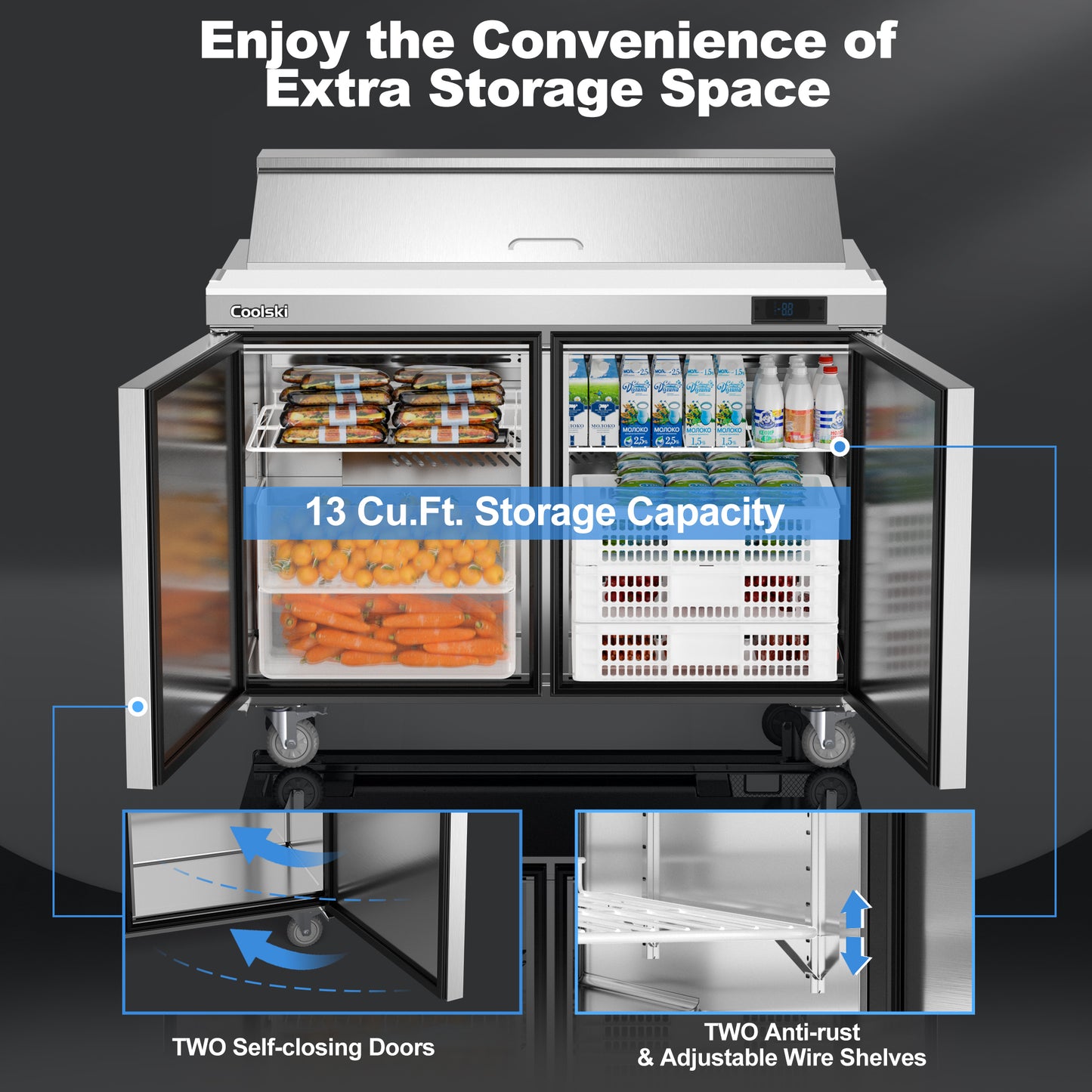 Coolski 48’’ Salad Bar Refrigerator, Refrigerated Sandwich Salad Food Prep Table, Stainless Steel ETL NSF Approved