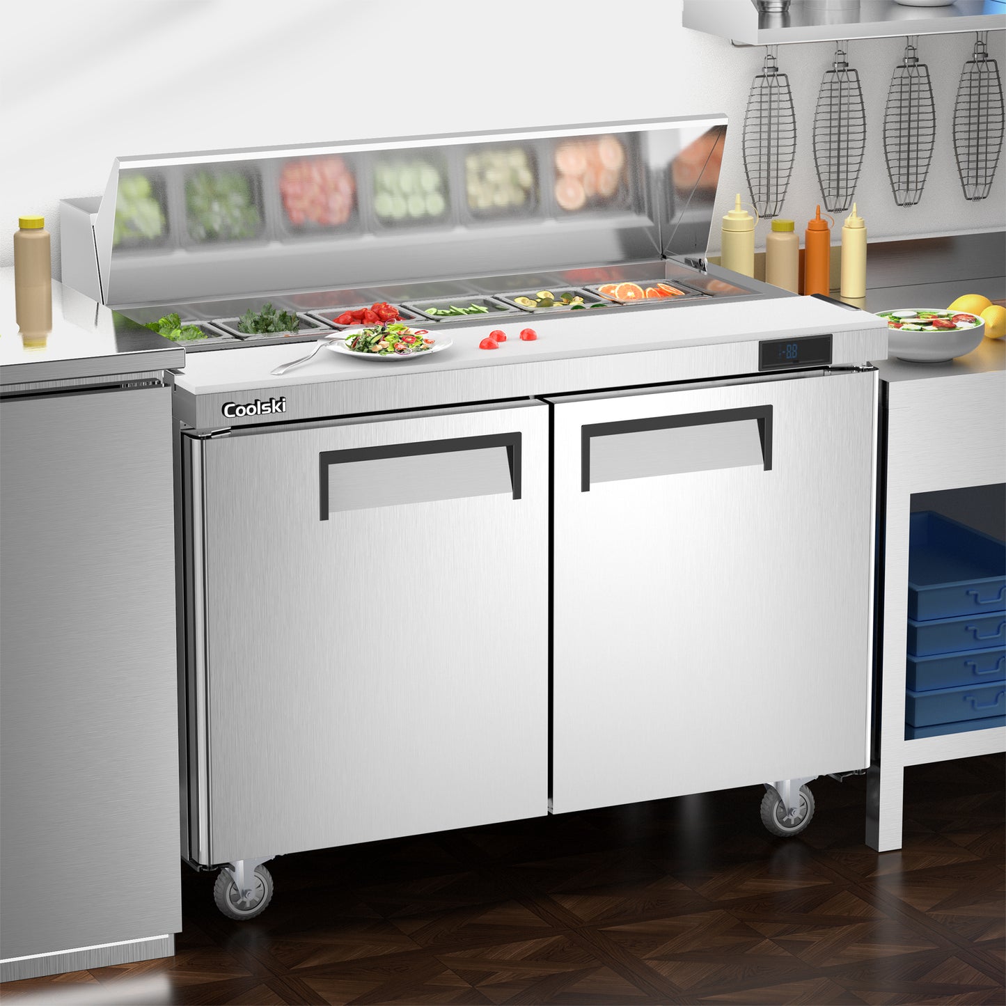 Coolski 48’’ Salad Bar Refrigerator, Refrigerated Sandwich Salad Food Prep Table, Stainless Steel ETL NSF Approved
