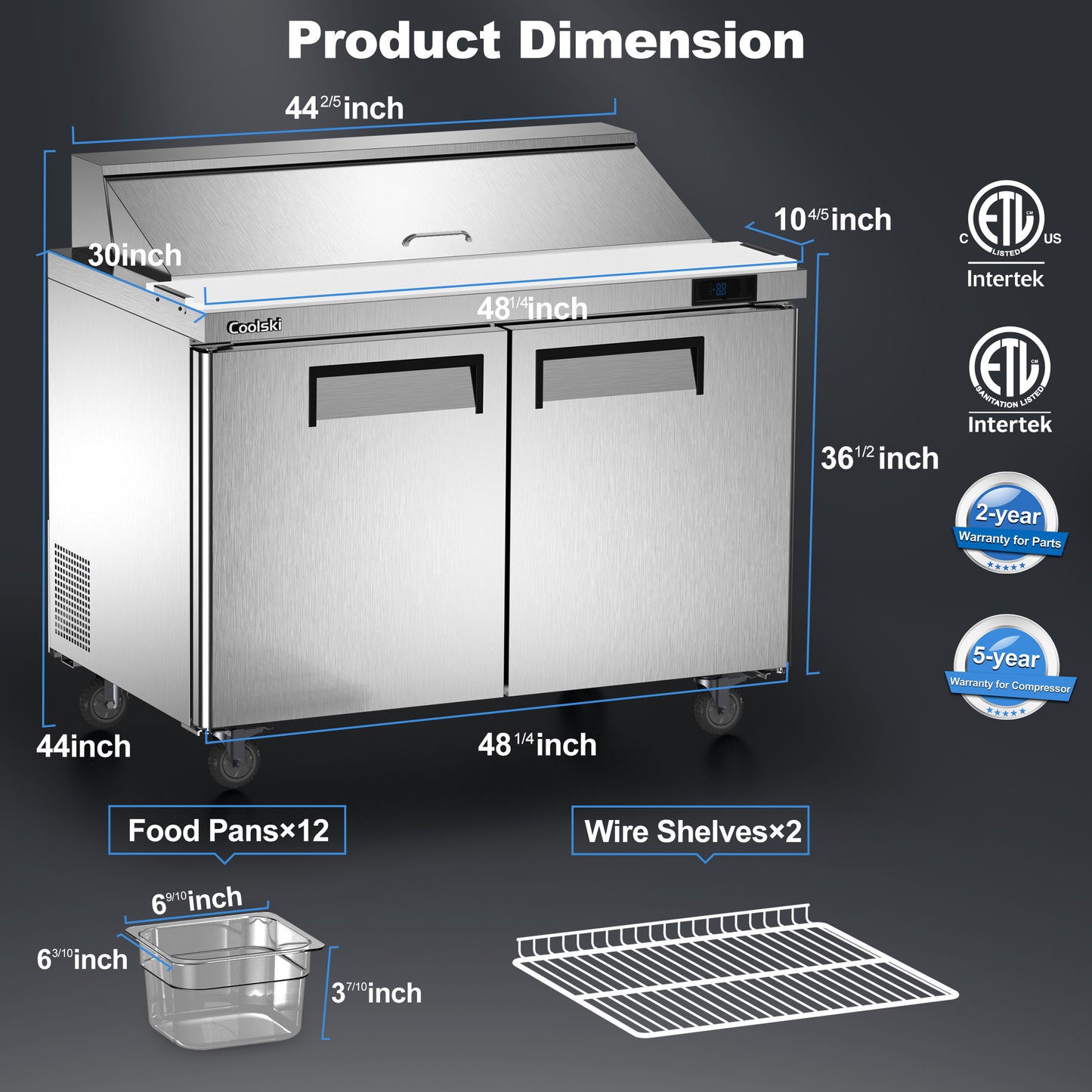 Coolski 48’’ Salad Bar Refrigerator, Refrigerated Sandwich Salad Food Prep Table, Stainless Steel ETL NSF Approved
