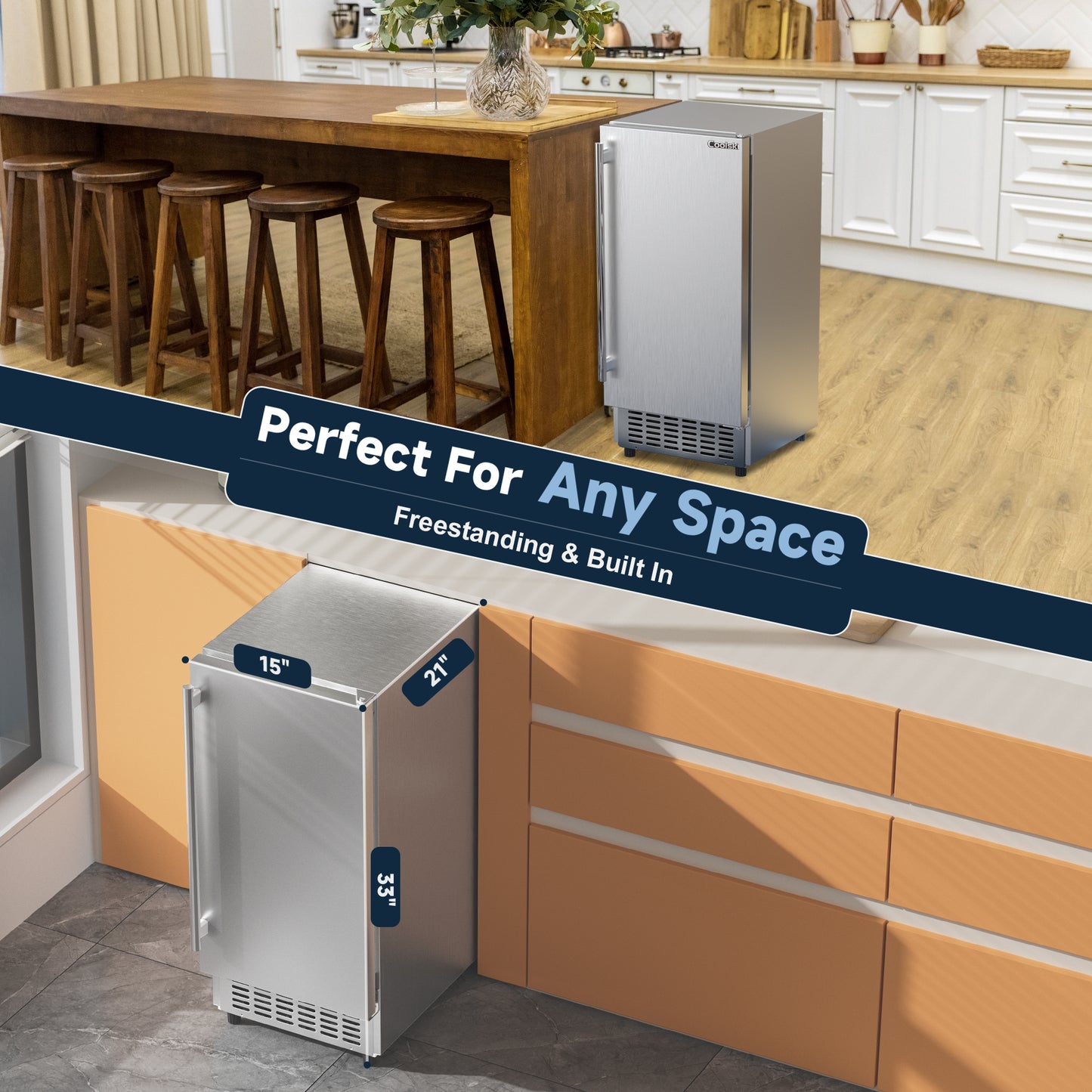 Coolski 15" W Commercial Under Counter Ice Maker Machine, 80 Lbs/Day