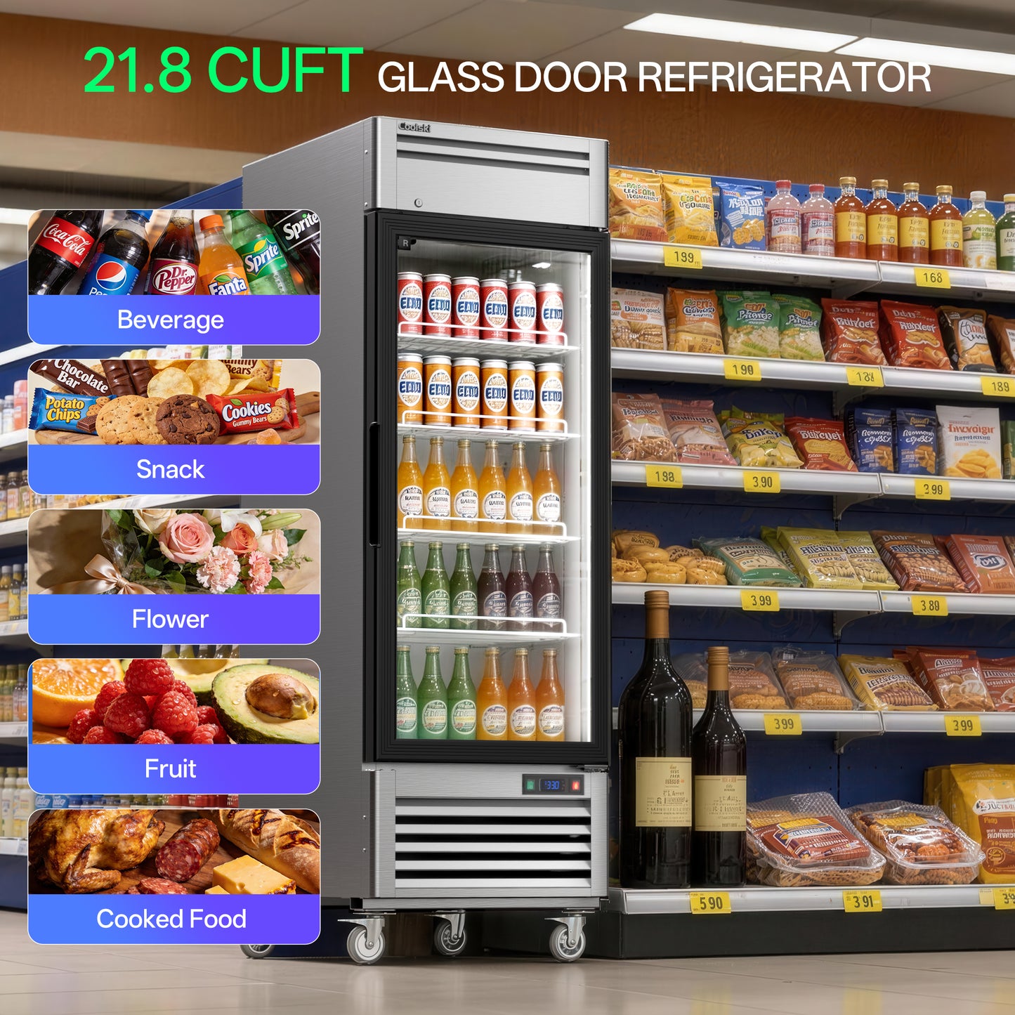Coolski 27 in. 21.8 cu. ft. Commercial Display Refrigerator Merchandiser Beverage Cooler 1 Glass Door in Stainless Steel