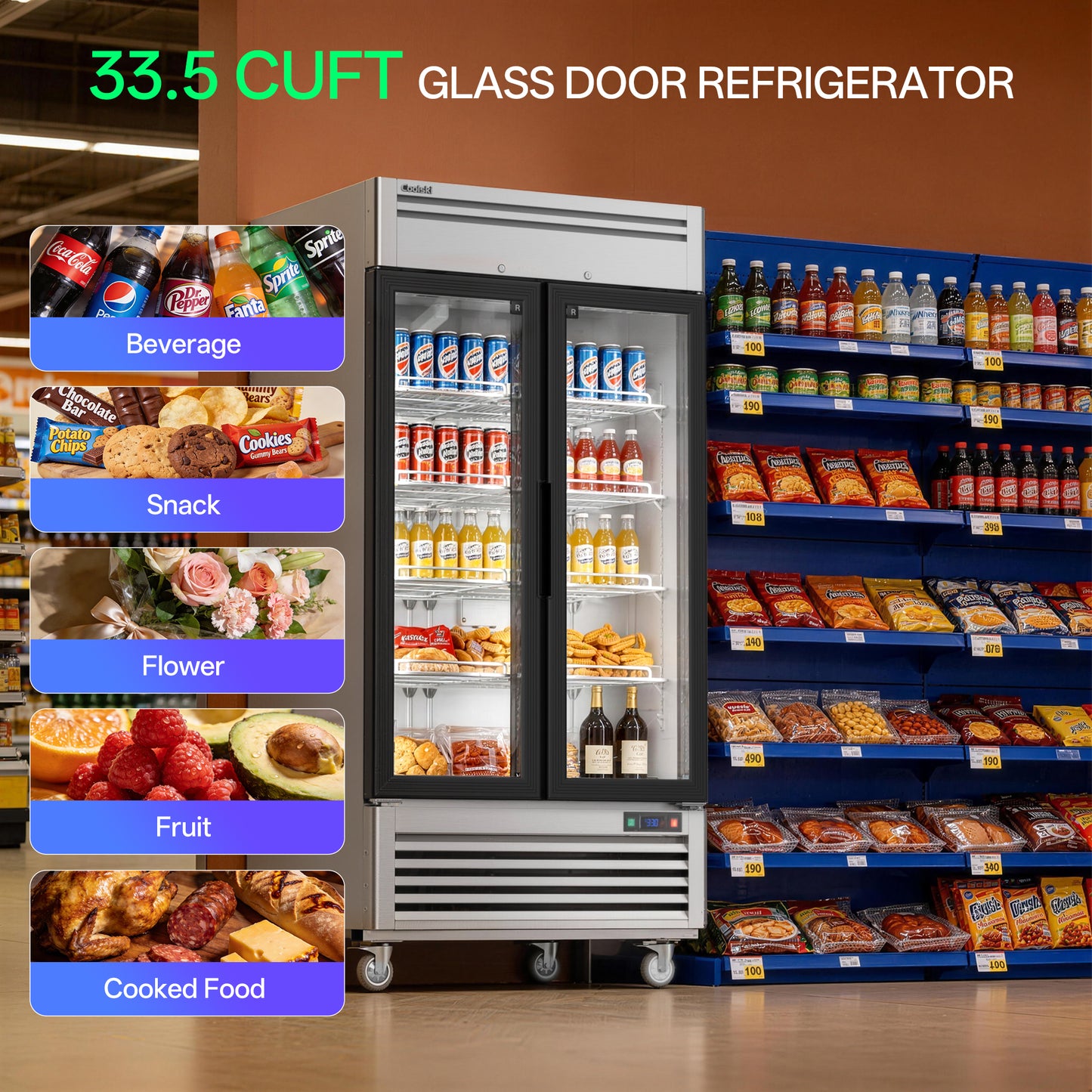 Coolski 40 in. 33.5 cu. ft. Commercial Display Refrigerator Merchandiser Beverage Cooler 2 Glass Door in Stainless Steel