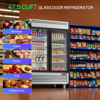 Coolski 54 in. 47.5 cu. ft. Commercial Display Refrigerator Merchandiser Beverage Cooler 2 Glass Door in Stainless Steel